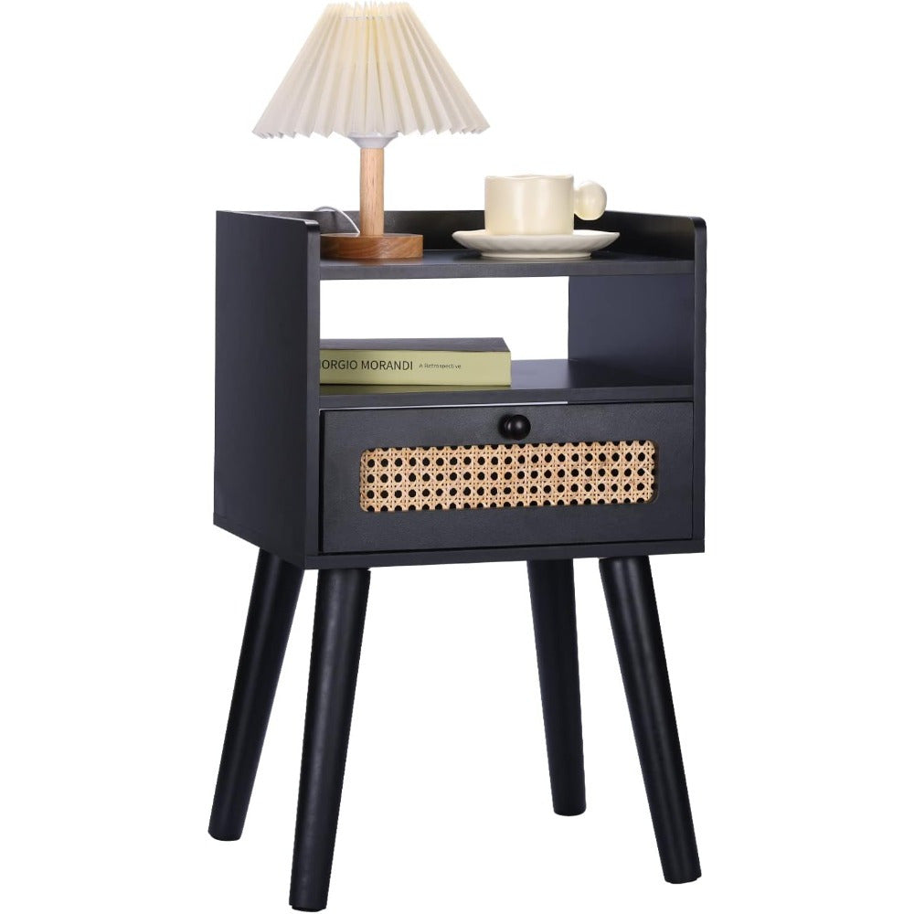 Modern Black Rattan Nightstand with Storage Drawer & Open Shelf - Solid Wood Legs, Perfect for Bedroom & Living Room