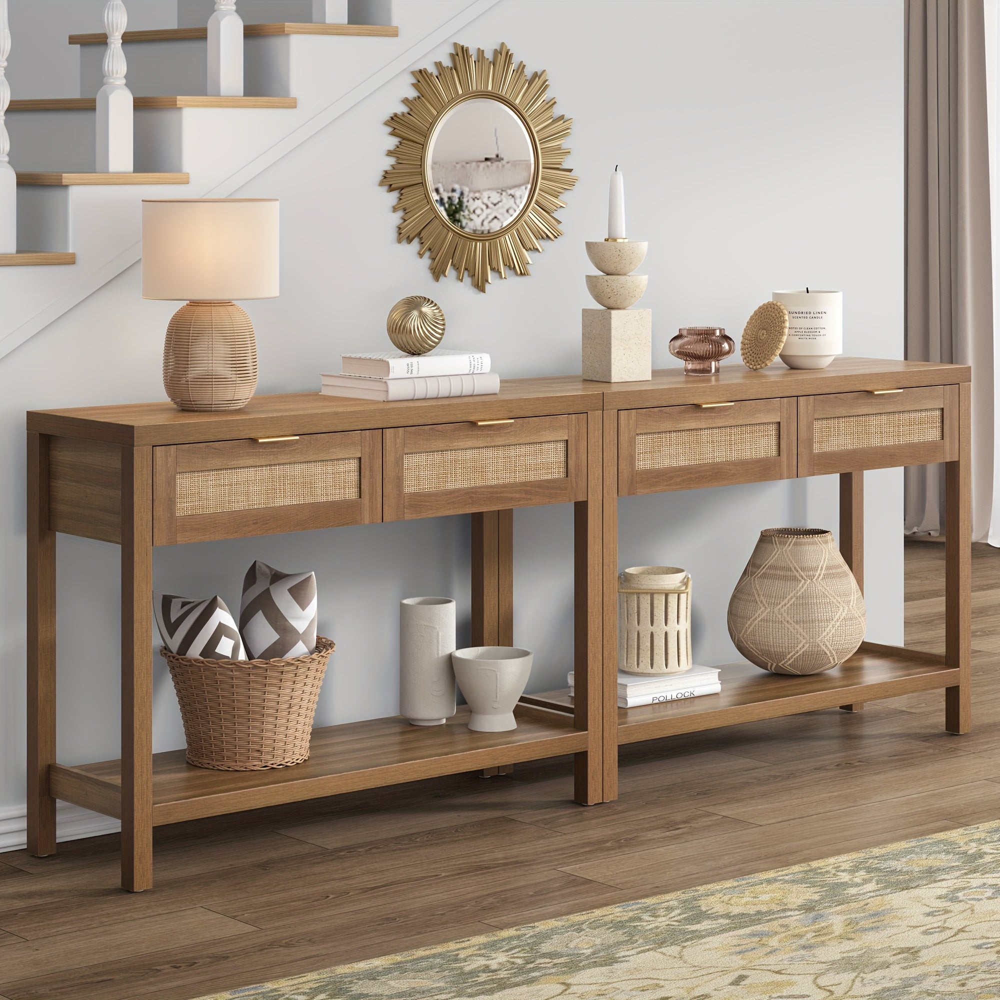 Rattan Console Table With Drawers, Wood Narrow Sofa Table Entryway Table For Hallway, Living Room (in cm)