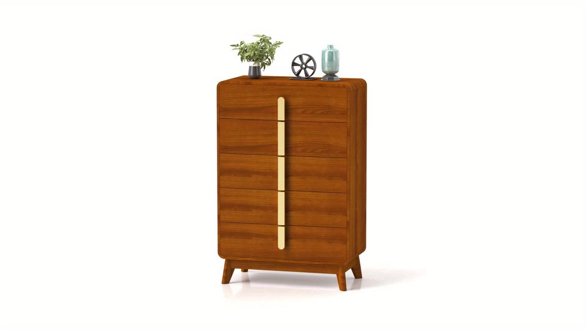 Mid-Century Modern 5/6 Drawer Dresser - Cherry Wood Finish, 47.2" Tall with Metal Handles for Bedroom, Living Room & Entryway