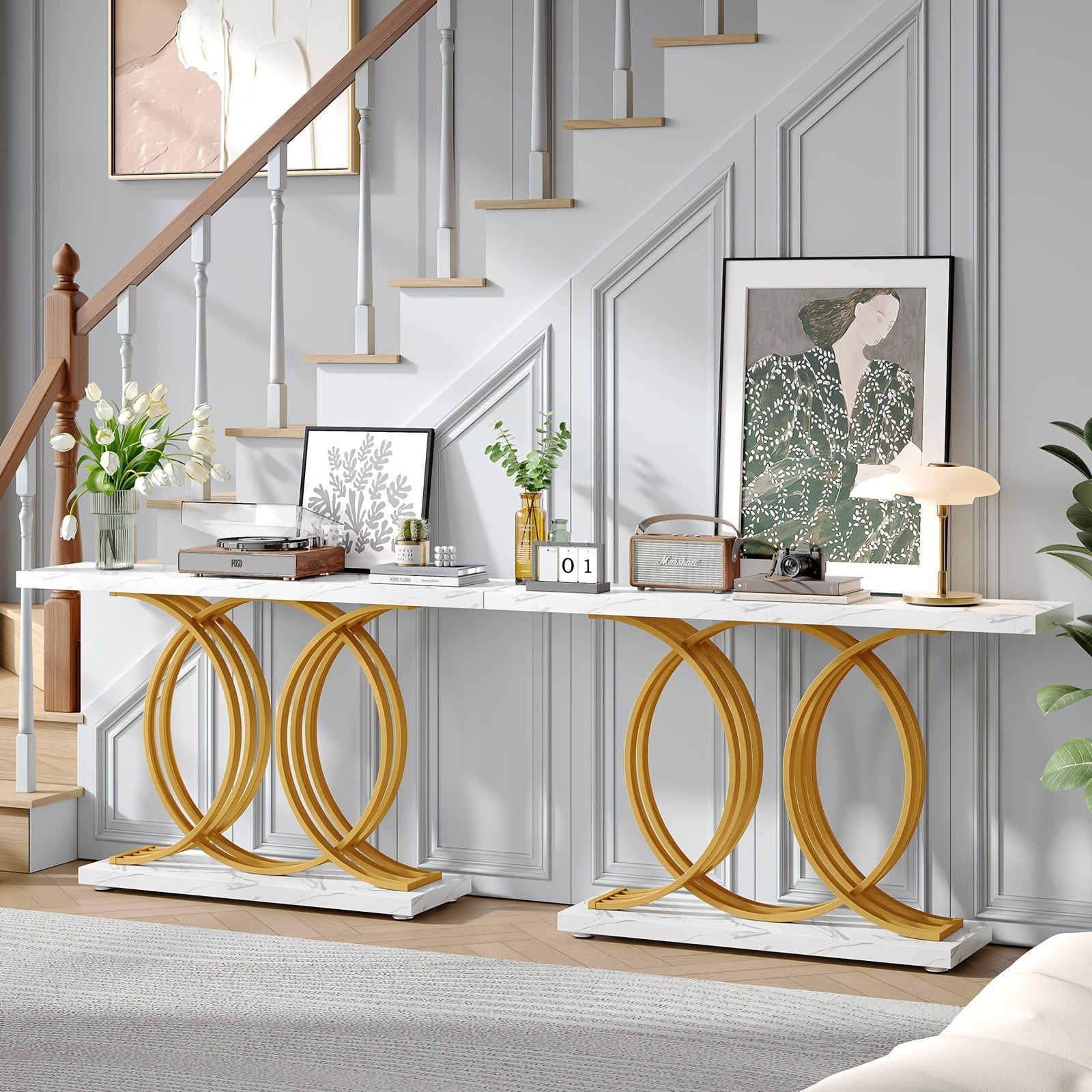 140 cm Console Table For Hallway, Faux Marble Golden Entryway Table With Geometric Metal Base, Modern Narrow Sofa Accent Table For Entrance, Living Room, Foyer (White & Golden)