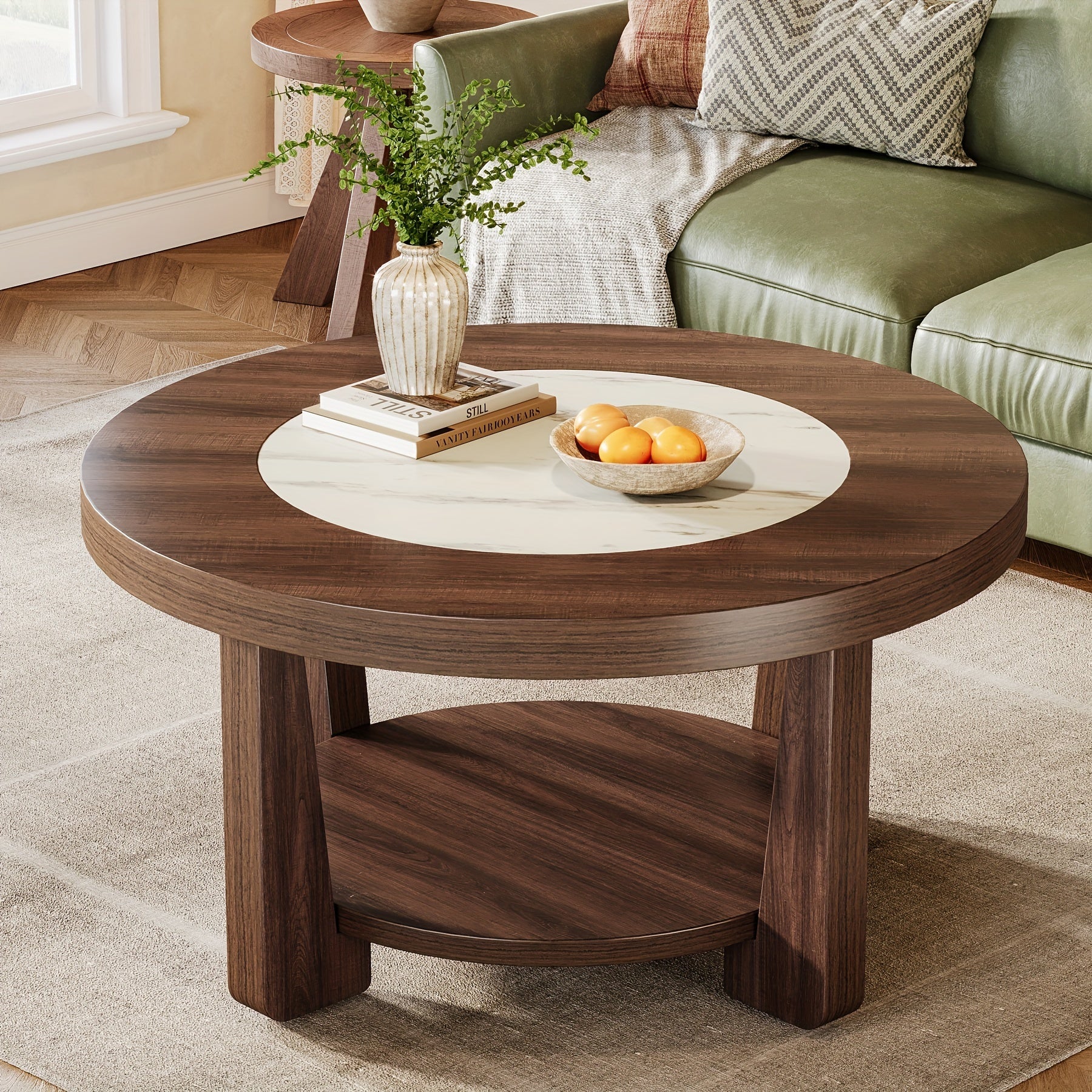 Wood Round Coffee Table With Storage, 2-Tier Industrial Circle Accent Center Table For Living Room