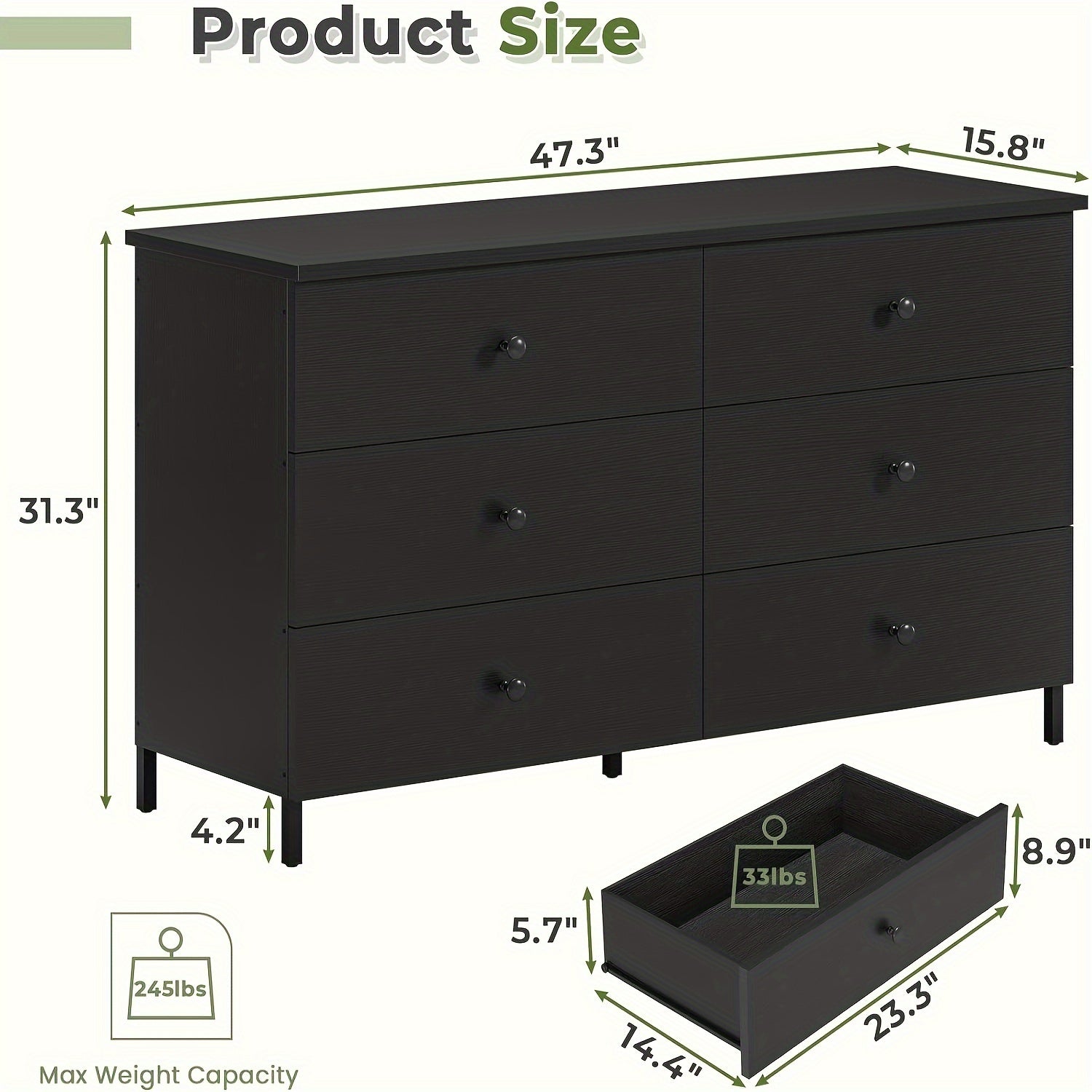 6 Drawers Dresser With Steel Frame, Modern Chest Of Drawers For Bedroom Living Room, Black