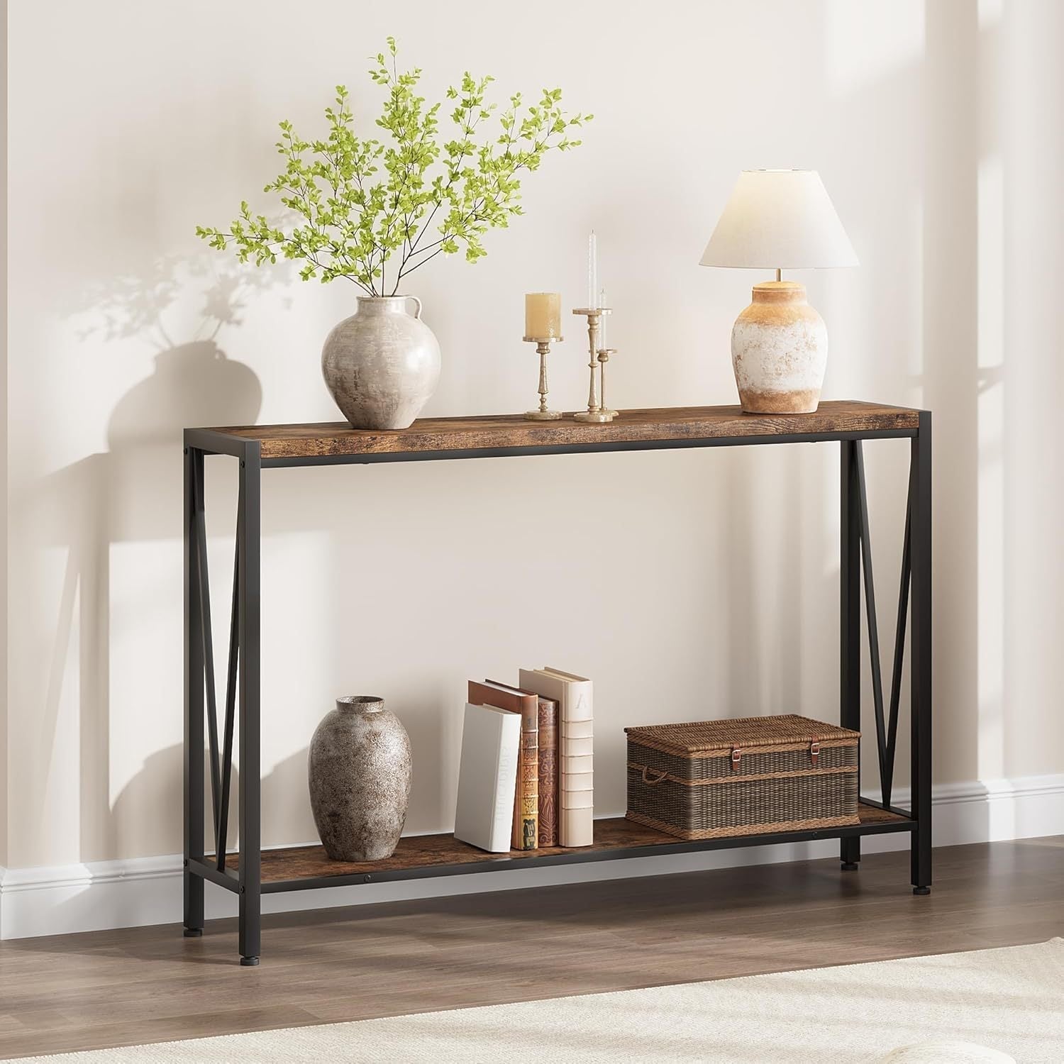 Chic 109.22 cm Industrial Side Table with Storage - 2-Tier Console, V-Design, Hardwood & Metal Frame - Ideal for Entryway, Living Room, Foyer - Features Narrow Sofa Table & Decorative Elements Display, Table Decor