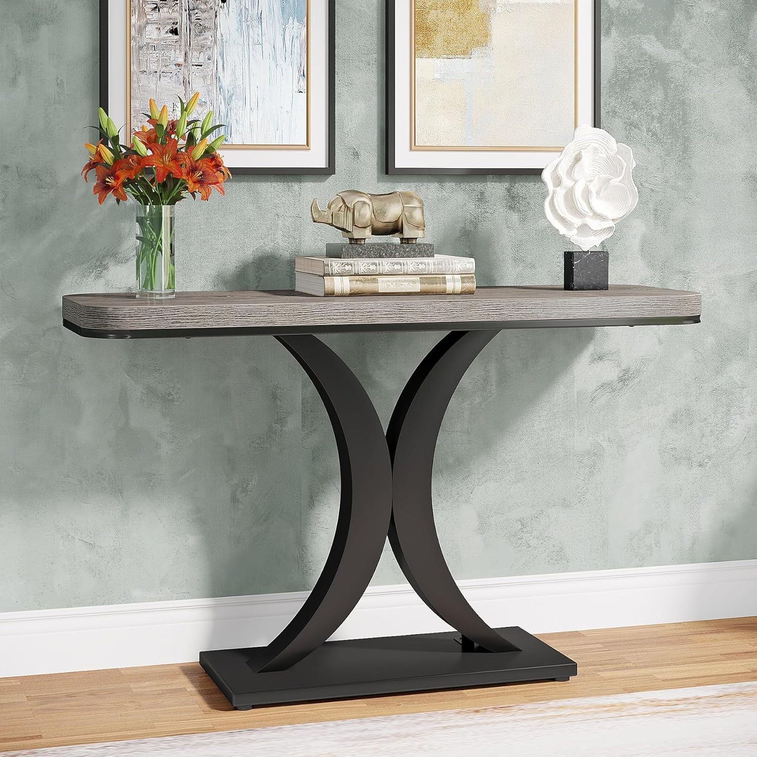 102 cm Slim Console Table - Rustic Two-Tone Design with Geometric Base, Waterproof MDF, Perfect for Entryway, Living Room, or Hallway Decor, Utility Hooks