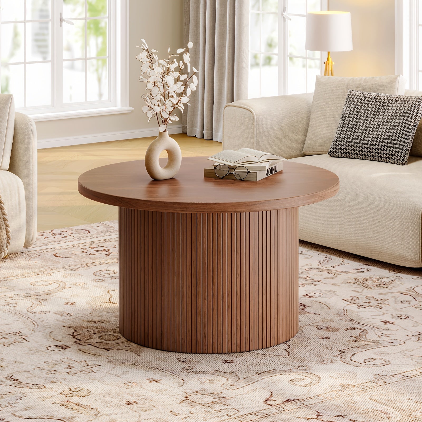 Modern 79cm Round Wooden Coffee Table with Anti-Slip Pad and Roller Curtain Design for Living Room, Sofa Side Center Table