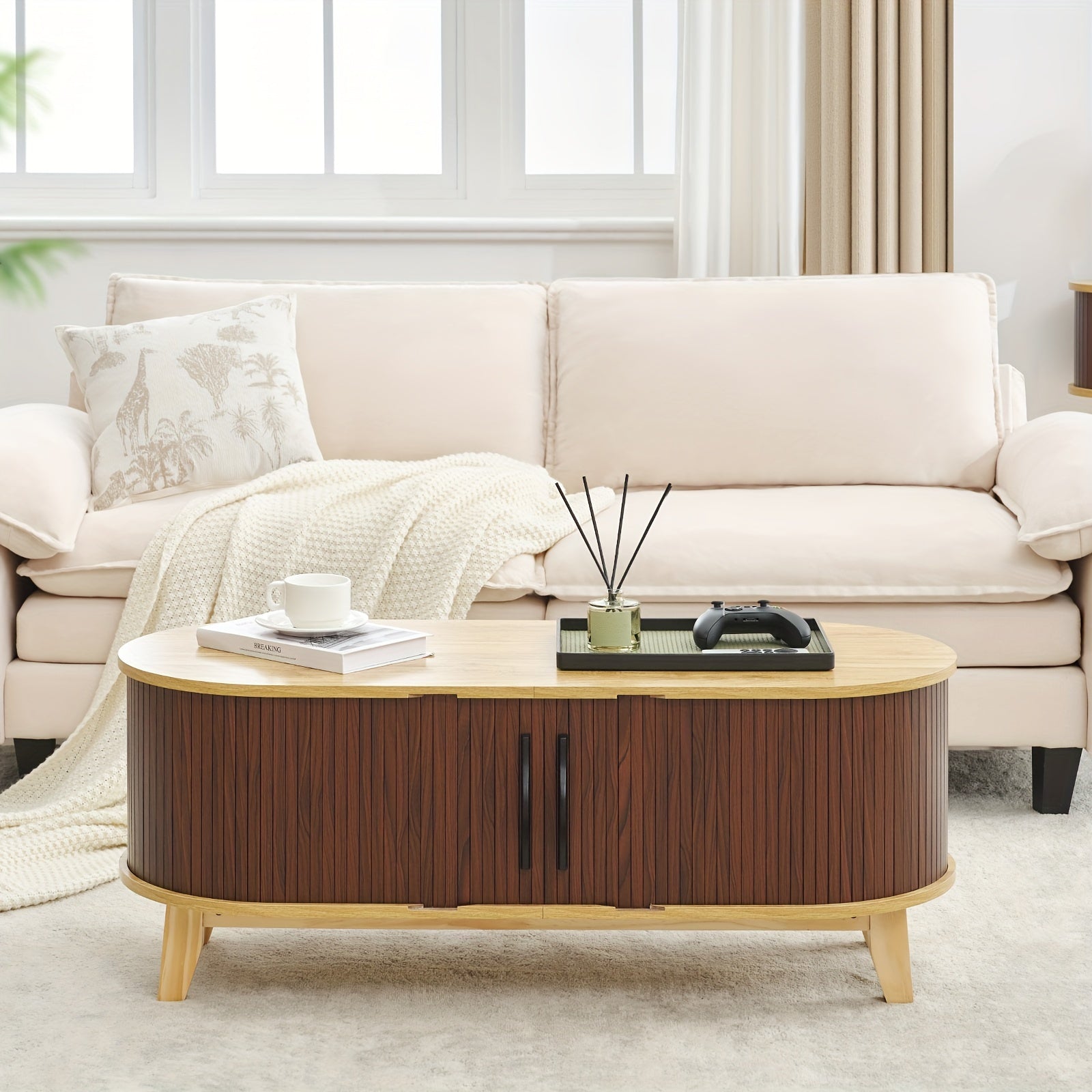 Round Coffee Table With Storage, Low 110cm Oval Wood Coffee Table, Curved Mid Century Modern Coffee Table, Retro Luxury Fluted Sliding Doors Coffee Tables For Living Room, Bedroom, Natural And Brown