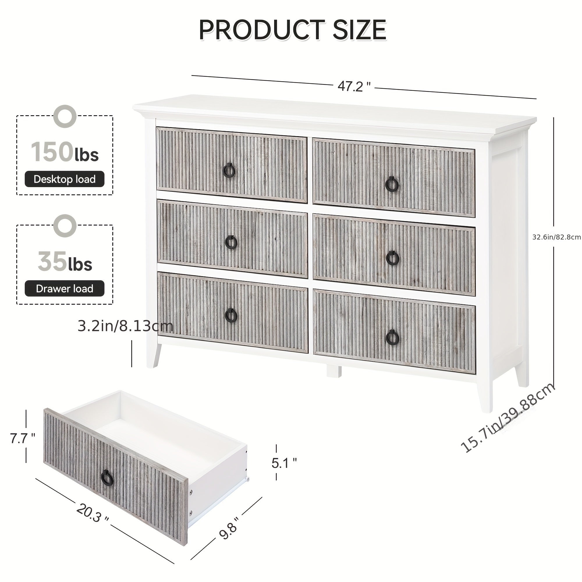 6 Drawer Dresser, Modern Closet Dressers Chest With Waveform Fluted Dresser, 47.2''Wide Wood Storage Dresser Organizer For Nursery Bedroom, Hallway, Closet, Living Room, Storage Drawer Units