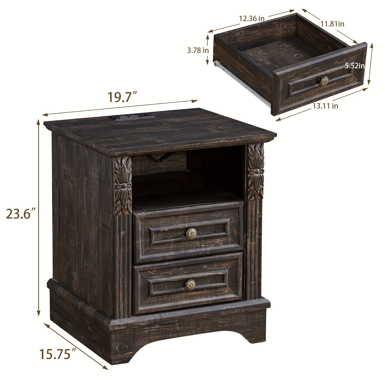 Farmhouse Style Wooden Nightstand, Dark Brown, Hardwood & Engineered Wood, High Density Fiberboard, Space-Saving, Independent, ≥3.2 Cubic Feet Storage, <27" Height, with Closed Storage for Bedroom End Table, Living Room Sof