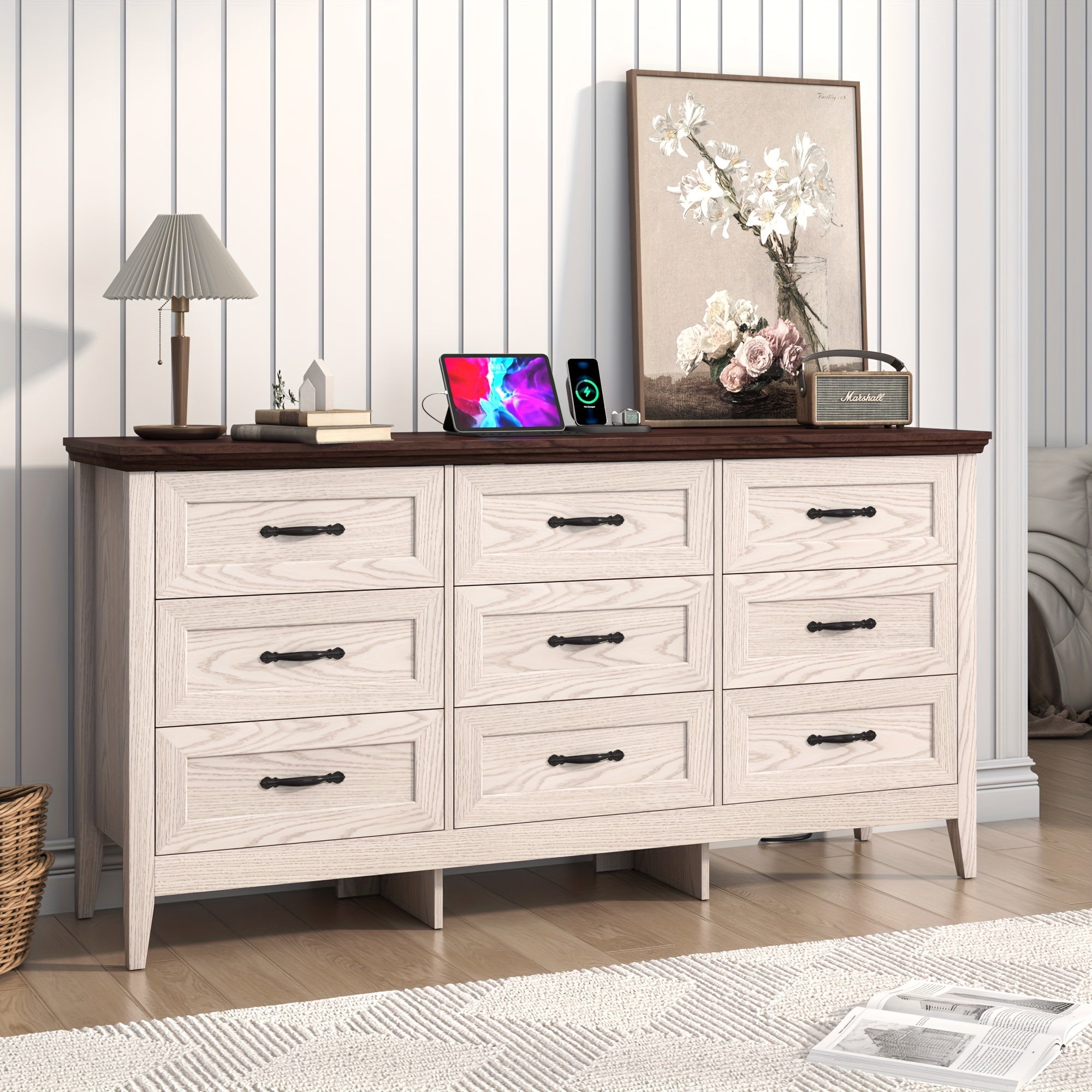 160cm Wood 9 Drawers Dresser For Bedroom, Wide Chest Of Drawers, Storage Double Dressers Organizer For Bedroom, Living Room