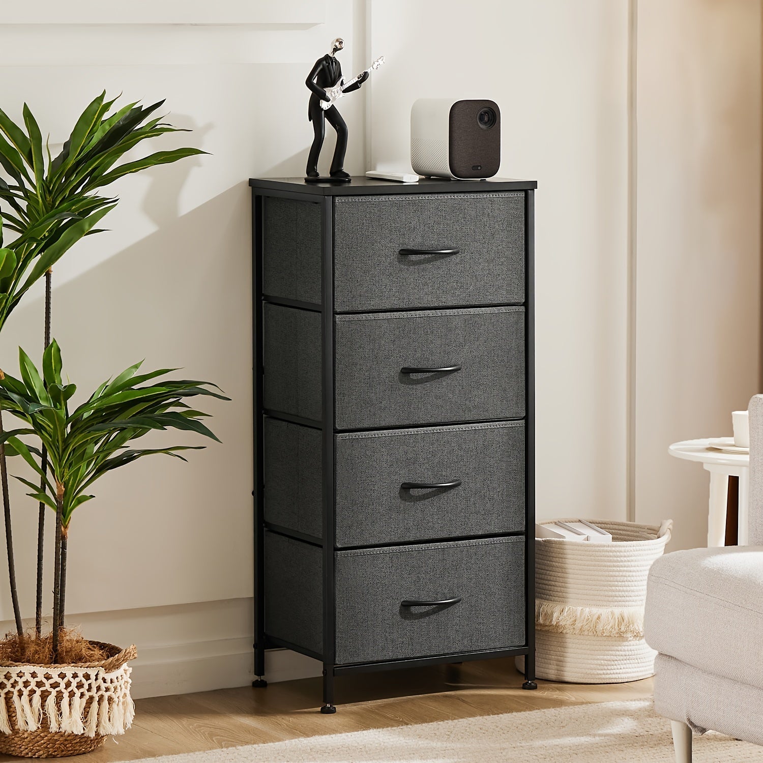 Dresser for Bedroom with 4 Drawers, Storage Drawers, Skinny Fabric Storage Tower, Tower Organizer Unit, Chest of Drawers with Wooden Top for Closet, Living Room, Entryway, Black, Grey, Brown and White