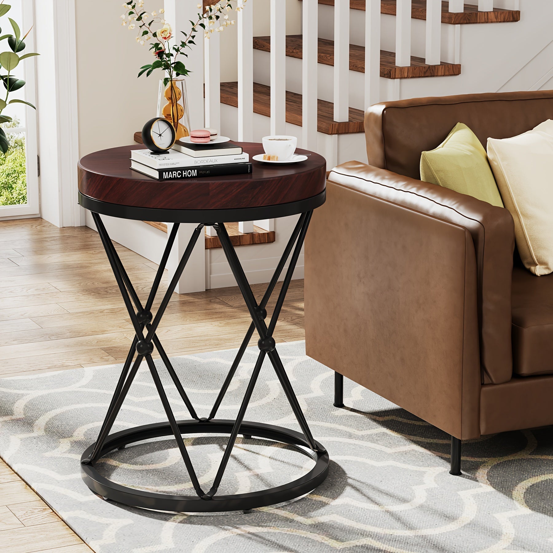 50cm Round End Table, Modern Sofa Side Table With X-Shaped Base, Wooden And Metal Cocktail Table Accent Table Nightstand For Living Room Bedroom