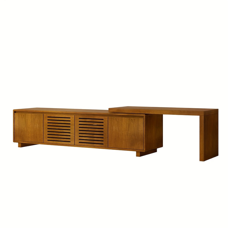 Mid-Century Modern Extendable TV Stand, Wood-Based Panel & Hardwood Entertainment Center, Farmhouse Media Console with Storage, Adjustable Panel, for Living Room & Bedroom, No Electricity Required