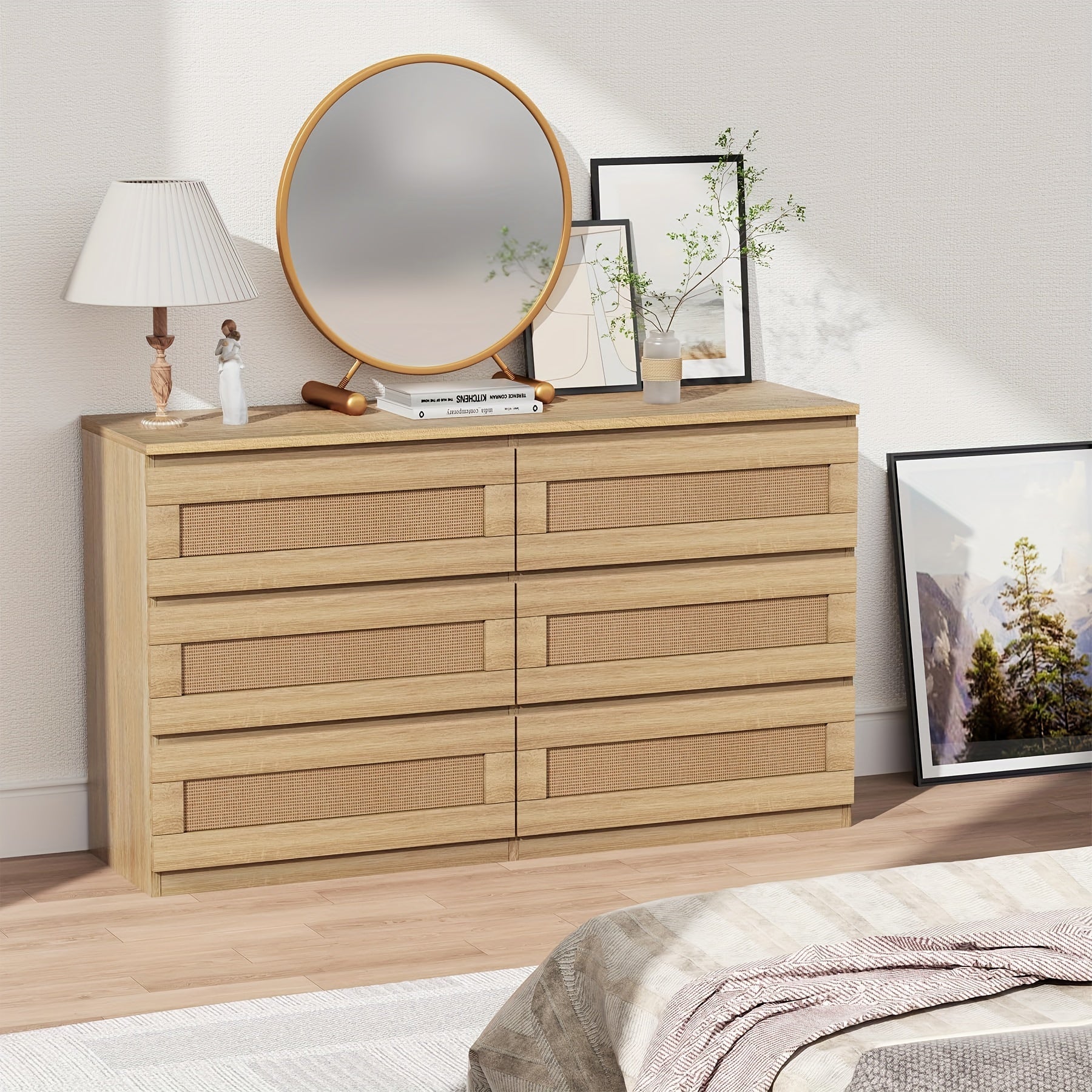 Rattan Dresser For Bedroom, 6 Drawer Dresser For Bedroom, Modern Wide Chest Of Drawers With Anti-Tip Kit & Smooth Slide Rail, Wood Storage Dresser For Bedroom, Hallway, Living Room, Natural