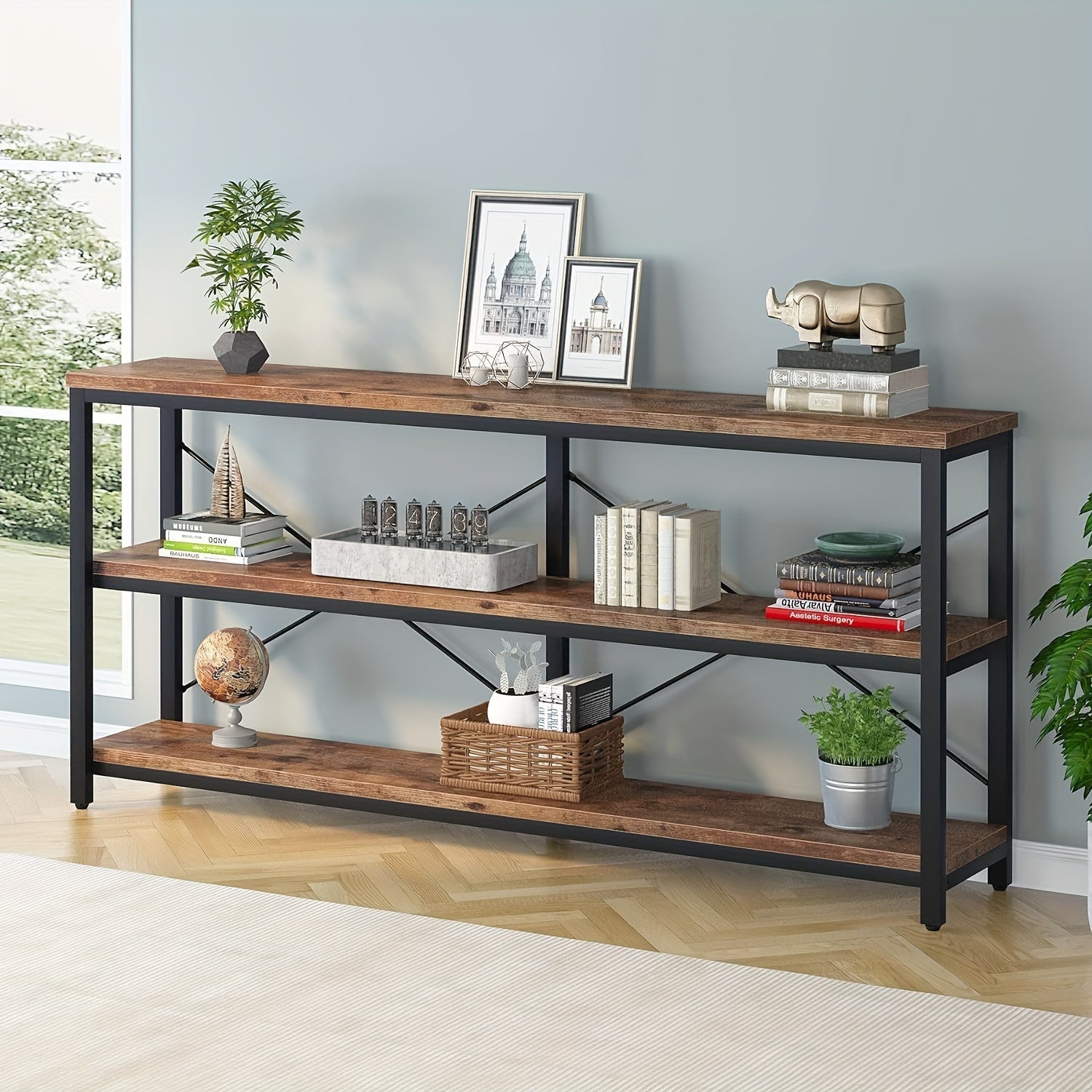 Extra Long Console Table, 3-Tier Narrow Sofa Table with Metal Frame and X-Shaped Support for Living Room and Hallway (Dimensions in cm)