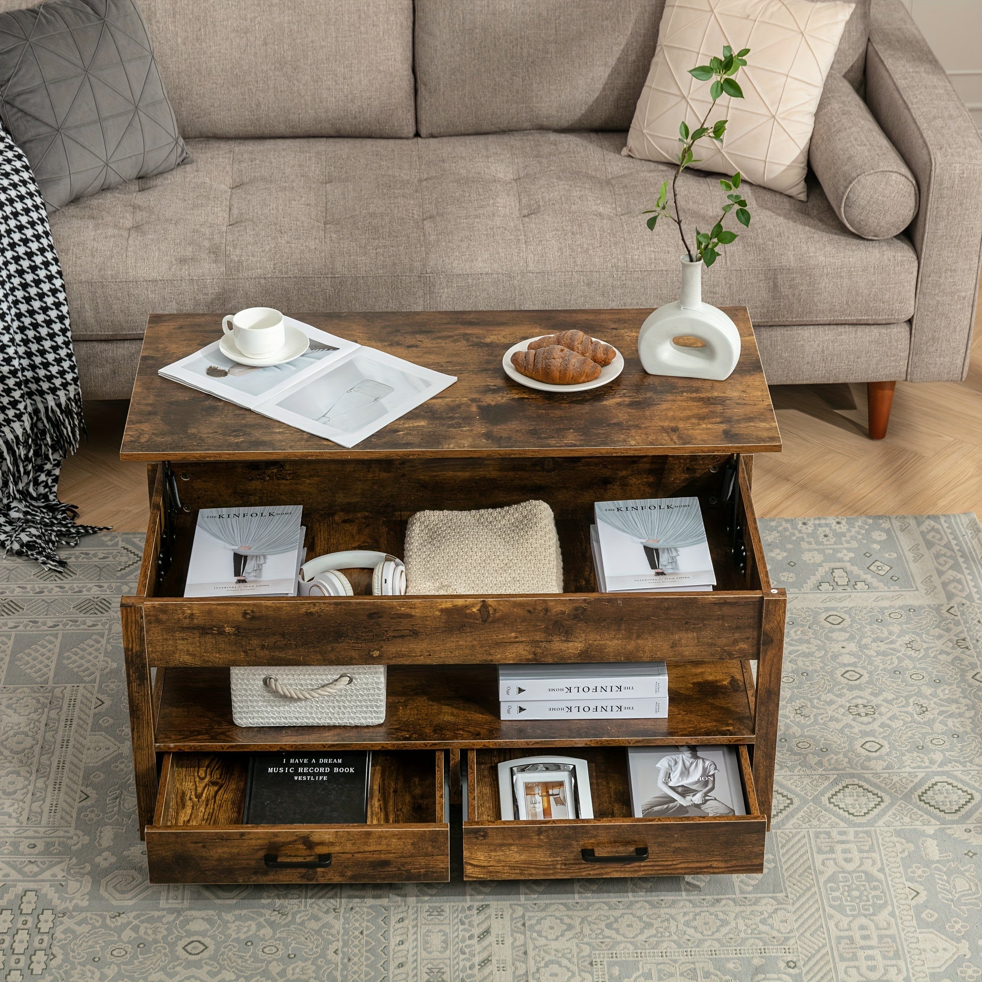 Lift Top Coffee Table Central Table W/Drawers&Hidden Compartment For Living Room