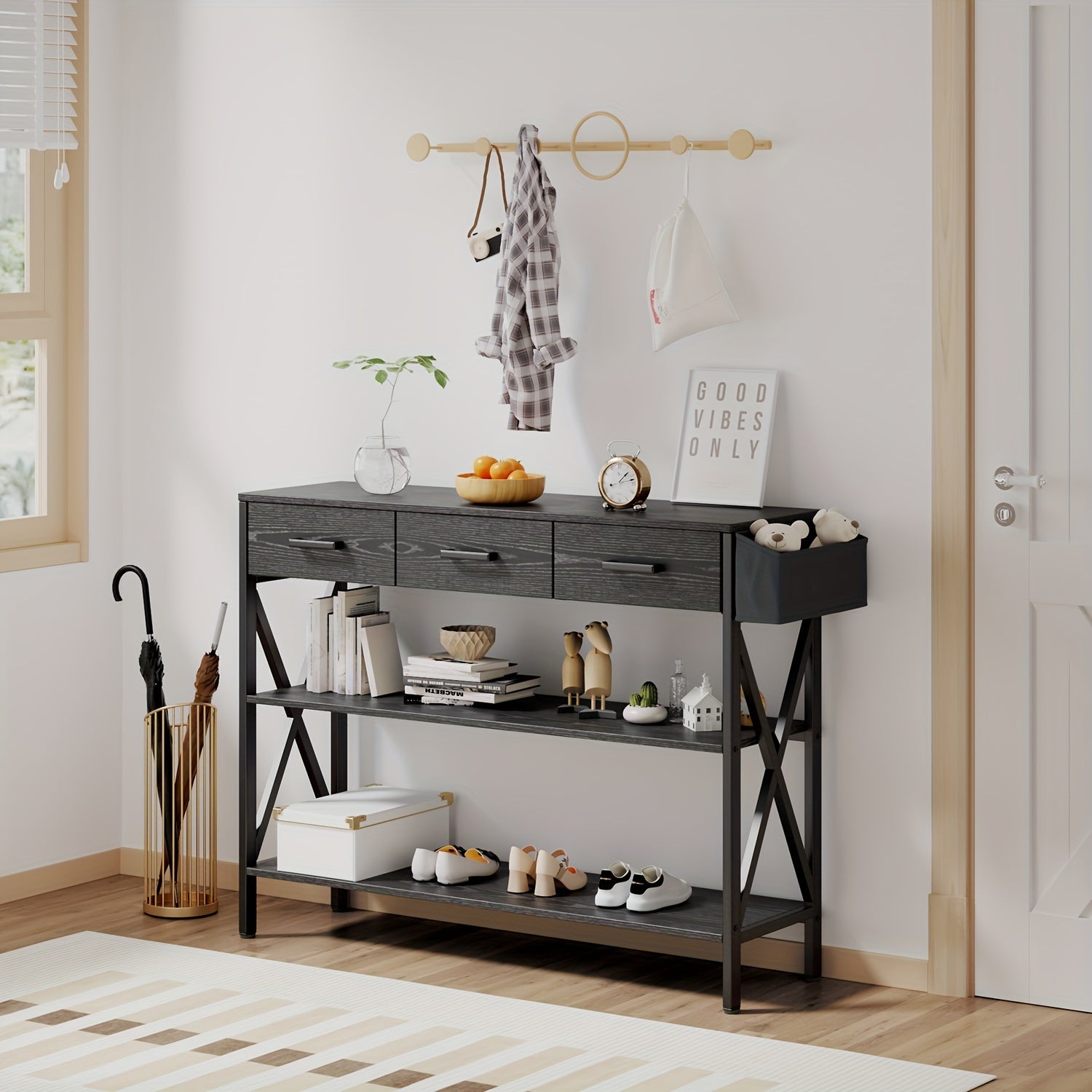 Functional 119.4 cm Console Table, Industrial Entryway Design With 3 Drawers And 3-Tier Storage Shelves - Perfect Narrow Sofa Table For Your Hallway, Living Room, Or Kitchen