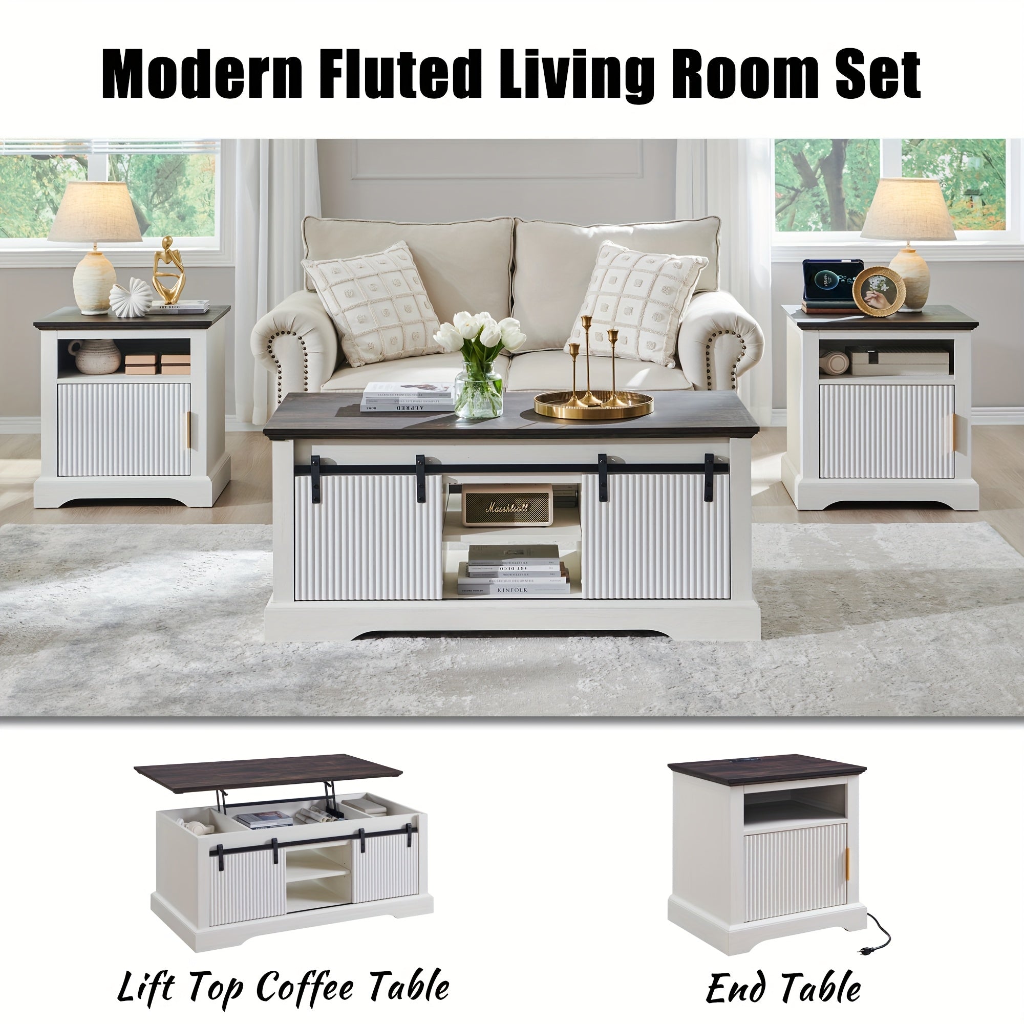 Modern 117cm Fluted Lift Coffee Table with Hidden Storage - Adjustable Height, Sliding Door & Shelf, Convertible Wooden Center Table for Living Room