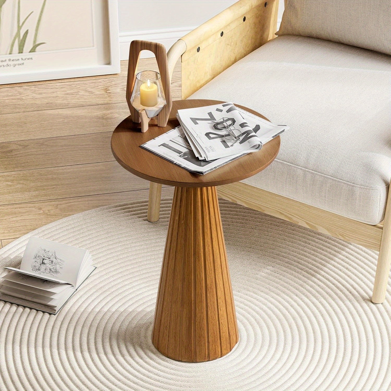 Space-Saving Walnut Round Pedestal End Table - Textured Finish, Tapered Base, Easy One-Step Assembly - Ideal for Small Spaces in Living Room or Bedroom, Table for Living Room