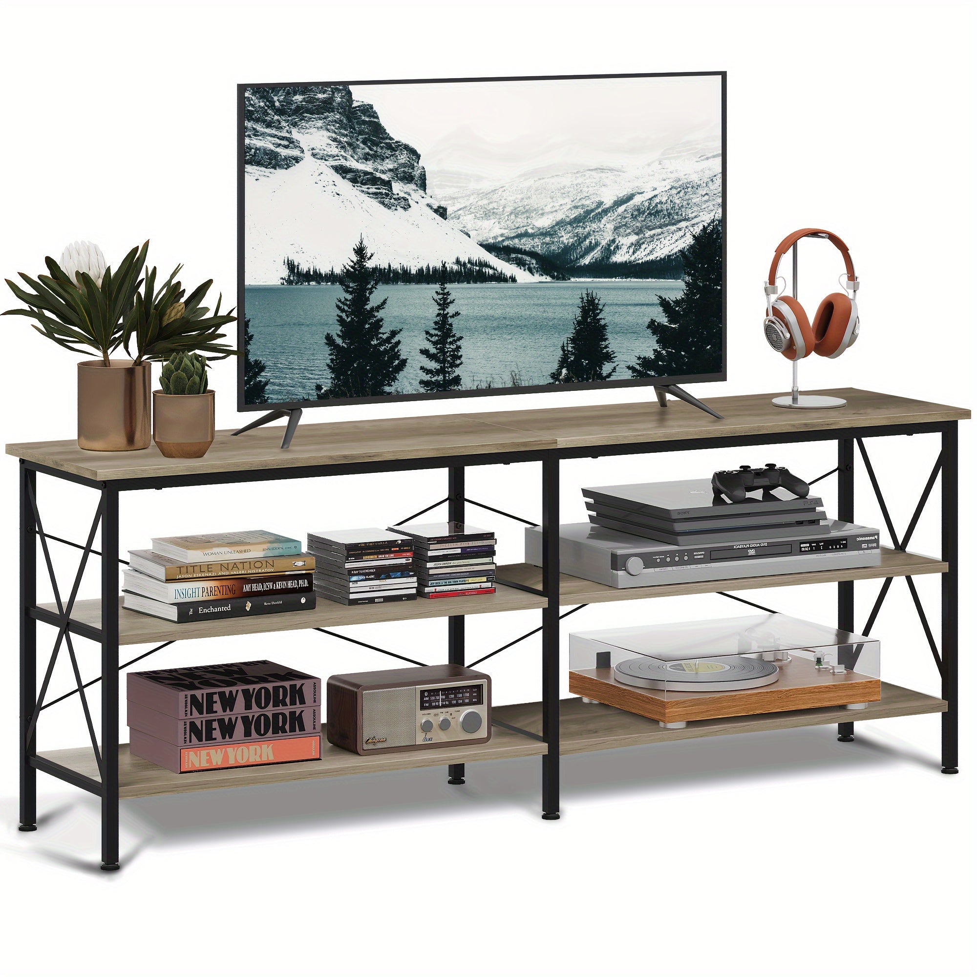 TV Stand for 65 70 inch TV, Entertainment Center with Storage, Industrial TV Console for Living Room, Long 63" TV Cabinet with Metal Frame