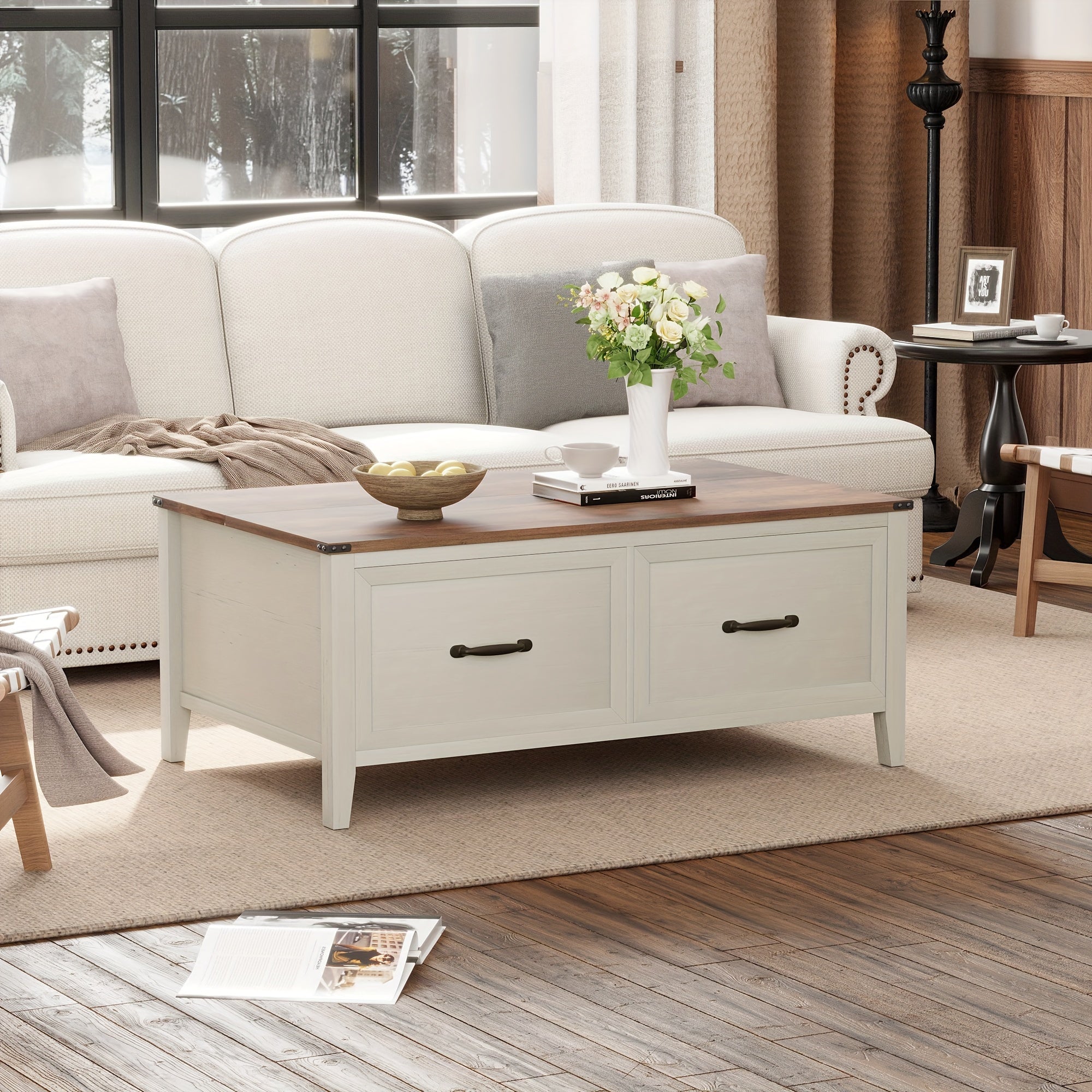 Farmhouse Coffee Table, 110cm Hinged Lift Top Wood Center Table with Large Hidden Storage & 2 Drawers for Living Room