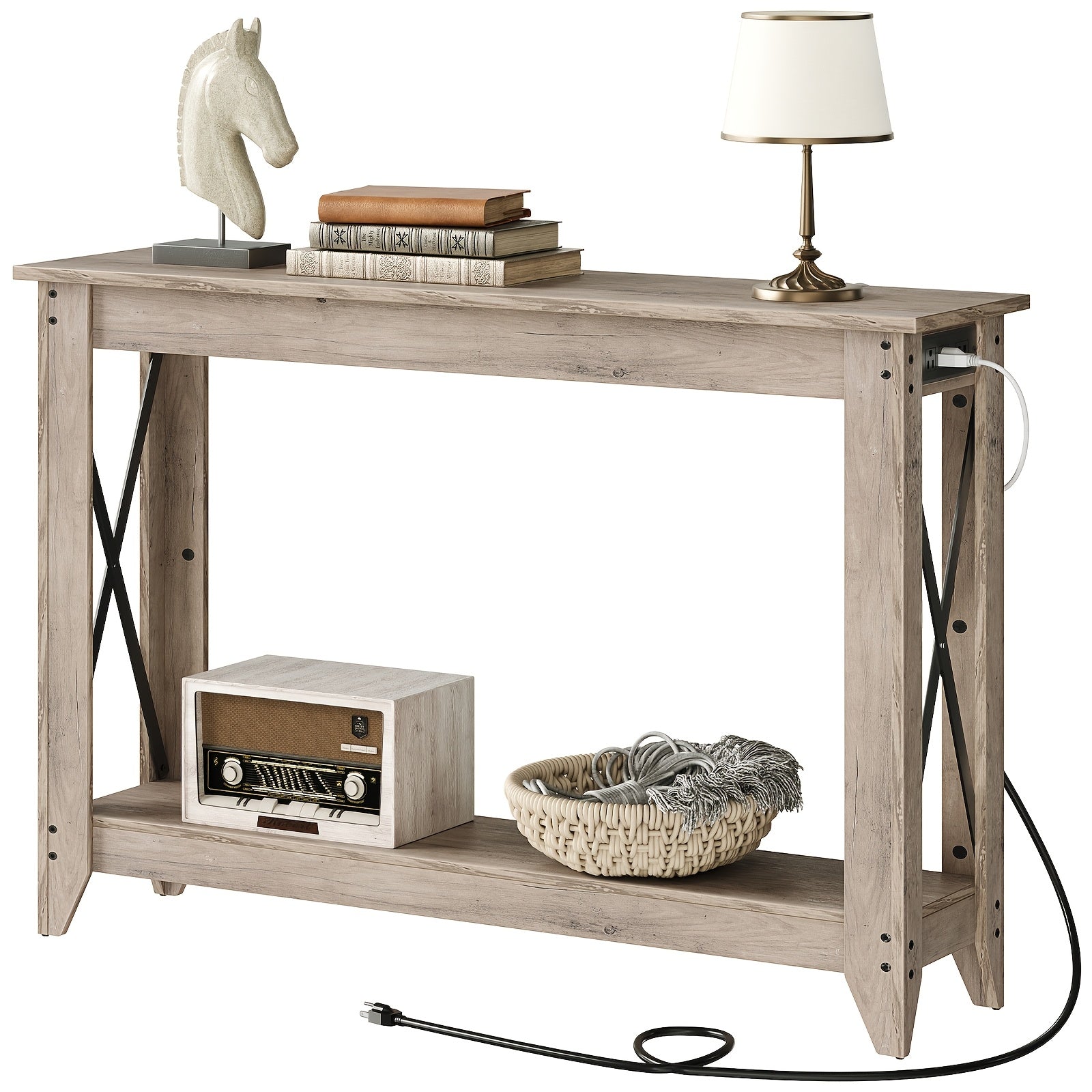 Rustic 120 cm Narrow Console Table with Built-In Power Outlet - Dual Tier Entryway Sofa Table for Foyer, Hallway & Living Room