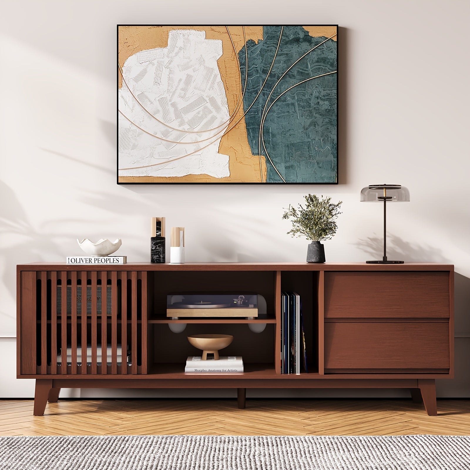 TV Cabinet for 75-inch and above TVs, with 2 drawers in medieval modern design, including storage cabinet in entertainment center, large retro media console, suitable for 66-inch long TV cabinet in living room - Walnut color