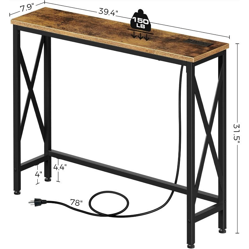 Console Table with Power Outlet, Sofa Table with Charging Station, Narrow Entryway Table, Skinny Hallway Table, Behind Couch Table 100 x 30/20, 140 x 30/20, 180 x 30/20 Farmhouse Table Behind Sofa Couch H