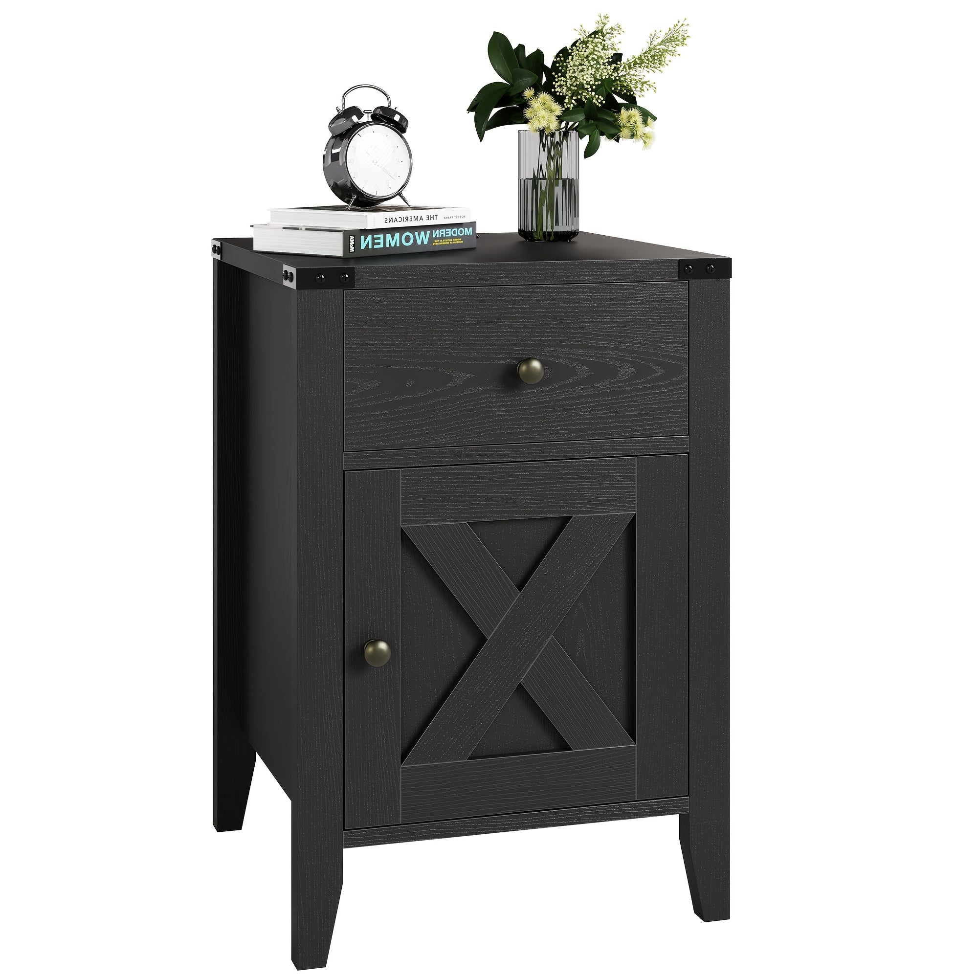 Farmhouse 60cm H Black Nightstand, Bed Side Table With Drawers & Storage Cabinet, End Table (1 PC/ 2 PCS) Black