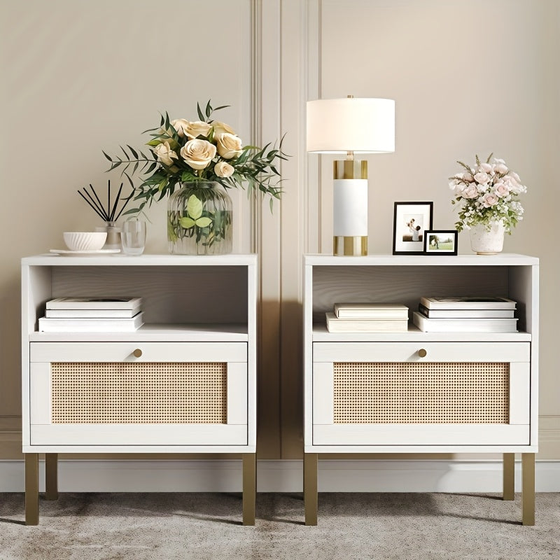 2pcs Bohemian Style Bedside Tables, White Wooden Nightstands with Rattan Weave, Open Shelves & Doors, Hardwood Construction, Medium Density Fiberboard, Under 3.2 Cubic Feet Storage, Less Than 27 Inches Tall, Storage Drawer Un