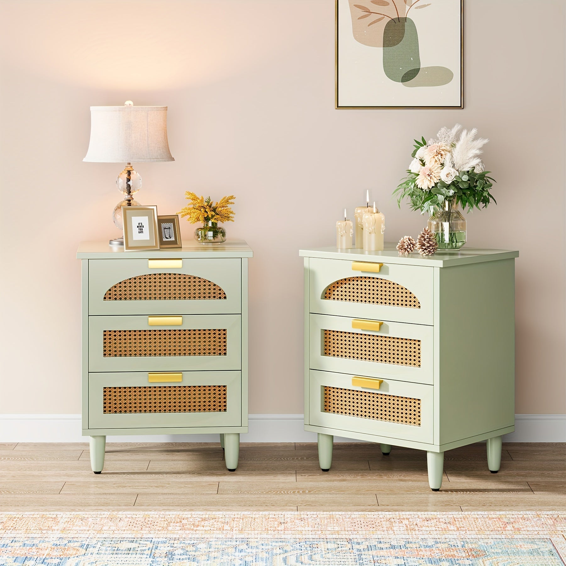 Charming Mint Green 3-Drawer Rattan Nightstand - Farmhouse Style Side Table with Ventilated Drawers, Durable Construction, Ideal for Bedroom & Living Room, Easy Assembly