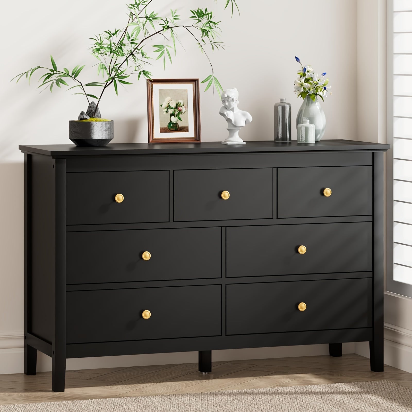 Dresser for Bedroom, 7 Drawer Dresser with Wide Drawers and Metal Handles, Gold Modern Dressers & Chests of Drawers for Hallyway, Entryway.