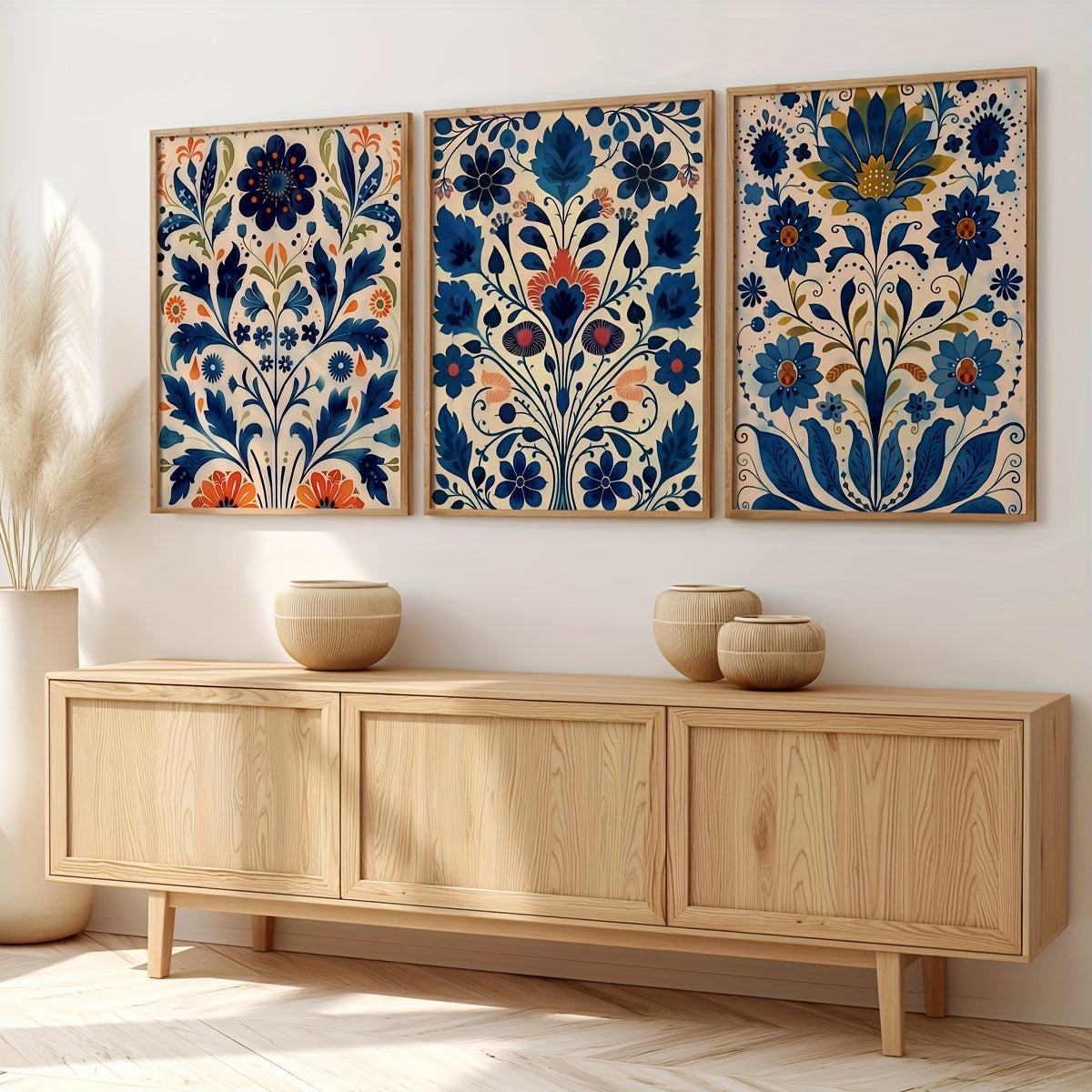 3pcs Wooden Inner Frame Canvas Painting Art, Vintage Scandinavian Art Blue Flower Mural, Art Deco Style Canvas Poster, Indoor Portrait Flower Pattern Wall Art, Suitable for Living Room, Bedroom, Hallway, home and Bar Decorati