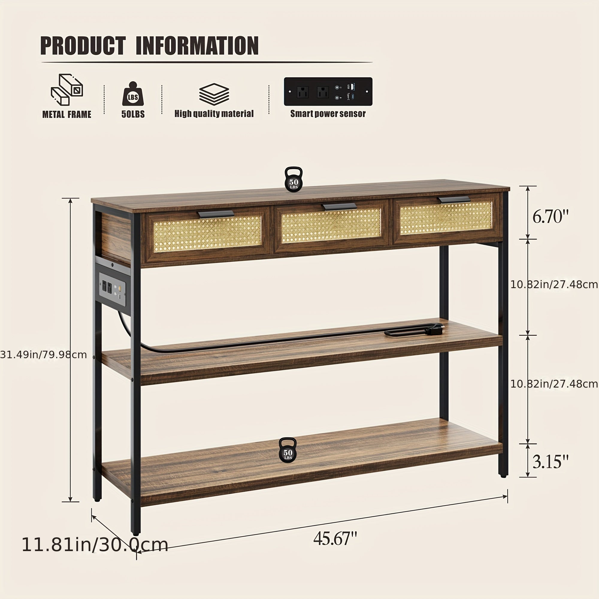 Entryway Table with Outlets and USB Ports, Console Table with 3 Rattan Drawers and Lights, Narrow Sofa Table with 3-Tier Storage Shelves for Hallway/Couch/Living Room/Kitchen - Rustic Brown (Dimensions in cm)