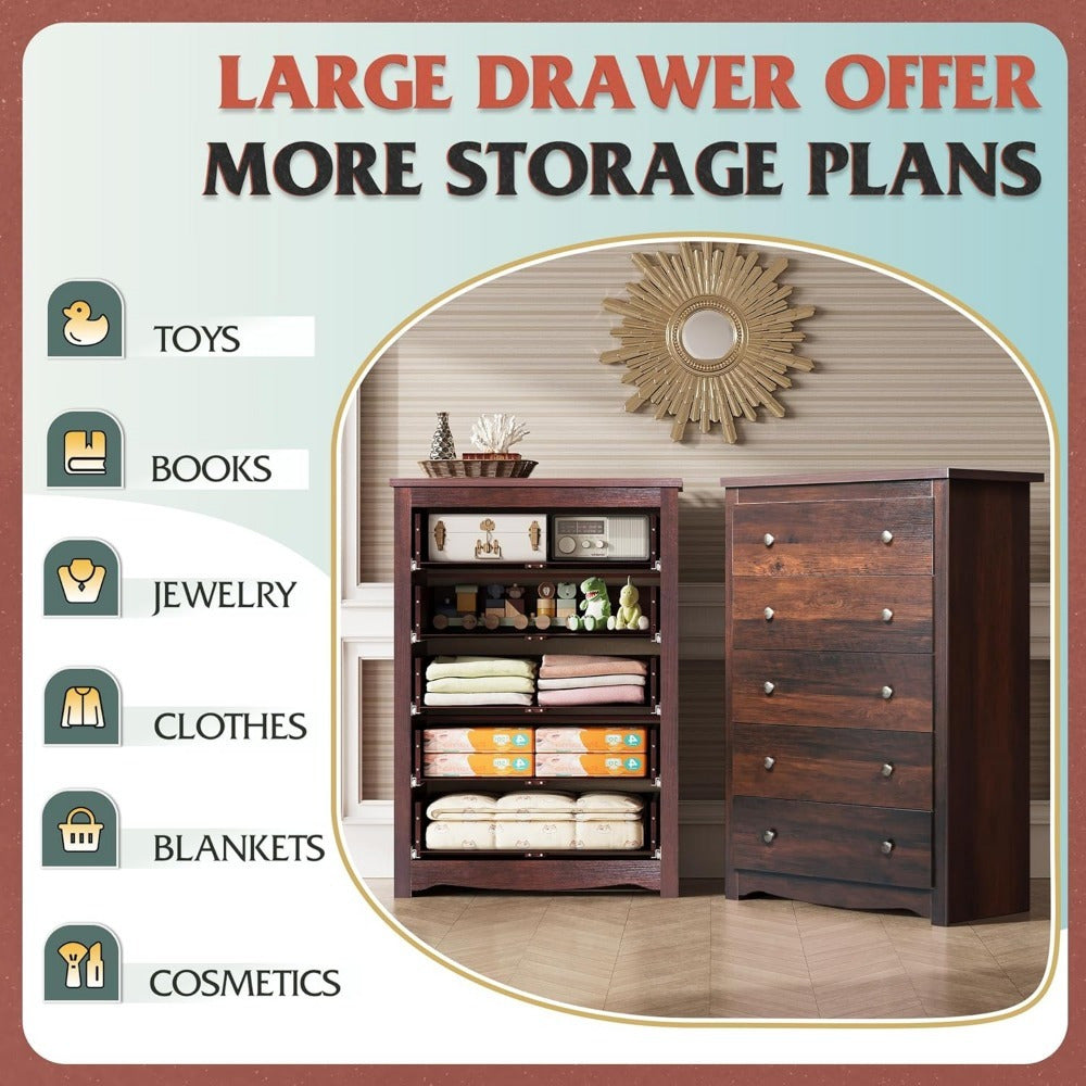 Black Wooden Dresser with 5 Drawers - Versatile Organizer for Bedroom, Living Room, or Hallway, Measuring 15.7" W x 31.4" D x 45.3" H