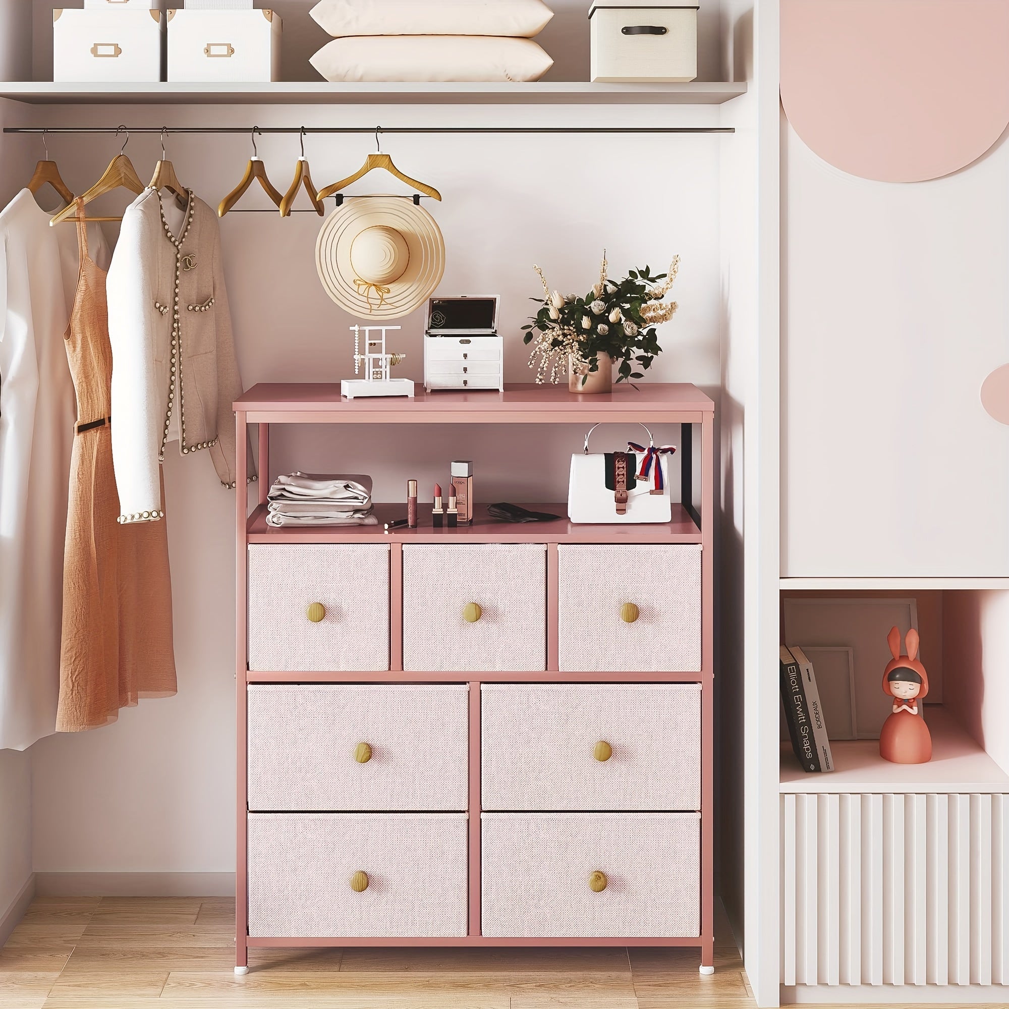 Pink Dresser, Dresser For Bedroom With 7 Drawers, Chests Of Drawers & Fabric Dresser For Bedroom With Wood Top And Metal Frame, Dresser For Living Room, Closet, Entryway