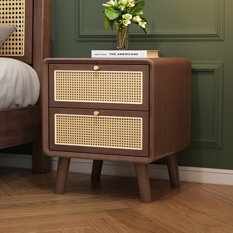 Luxury-Style Nightstand - Wooden Table With 2 Drawers, Solid Wood Legs, Handwoven Rattan Accents, Easy Assembly