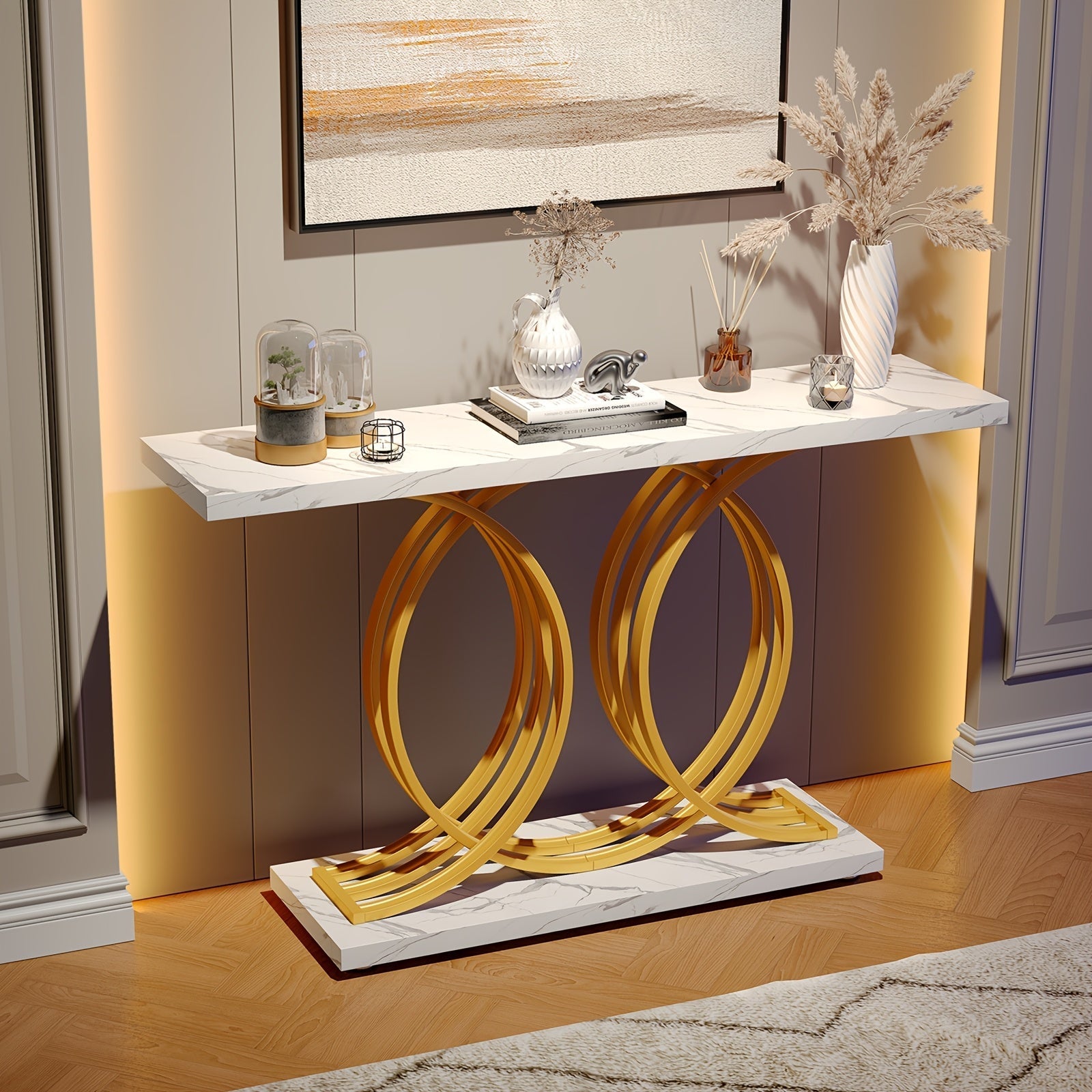 140 cm Console Table For Hallway, Faux Marble Golden Entryway Table With Geometric Metal Base, Modern Narrow Sofa Accent Table For Entrance, Living Room, Foyer (White & Golden)