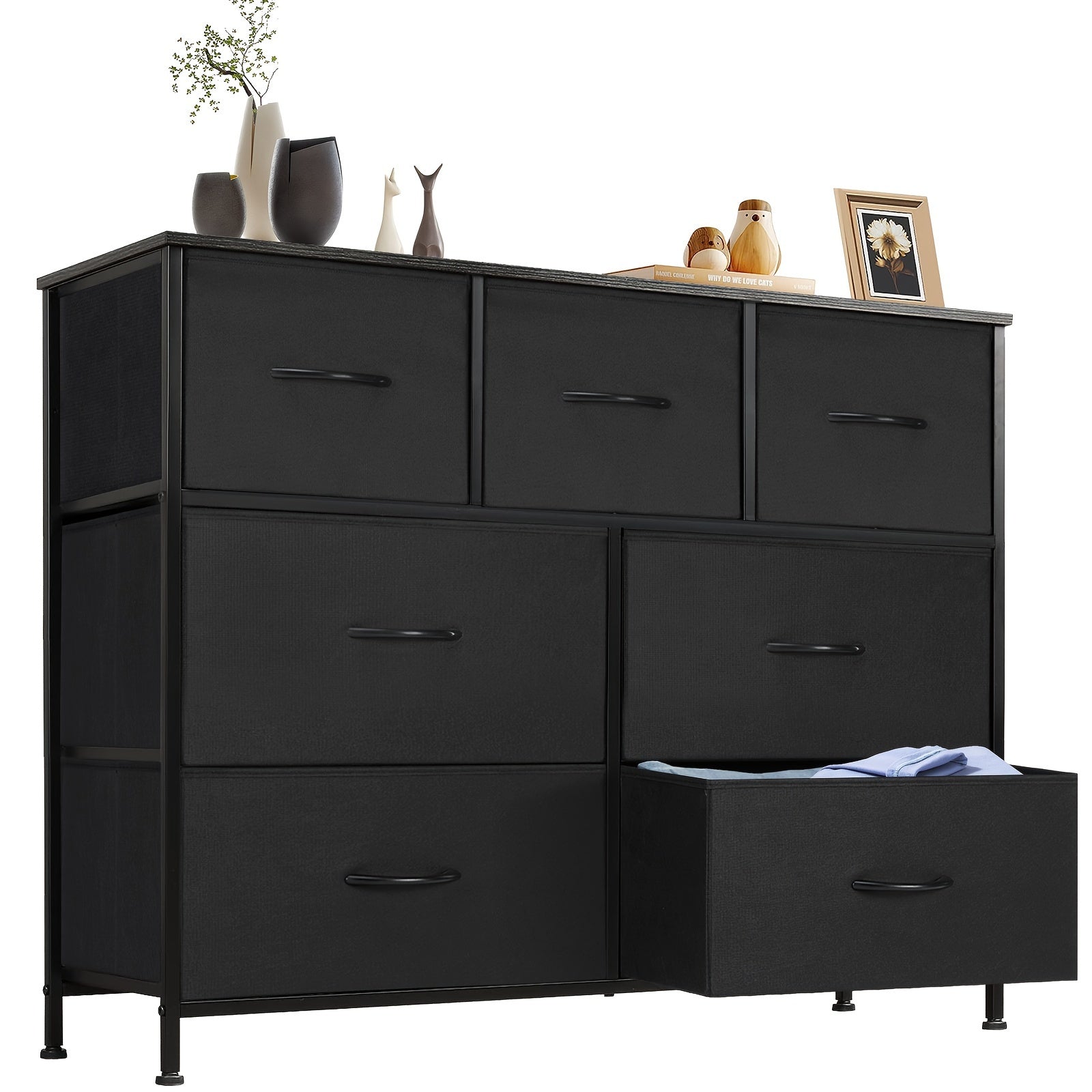 Dresser For Bedroom, Storage Organizer Units Furniture With 7 Drawers, Wooden Top For Nursery, Chest Tower TV Stand With Fabric Bins, Metal Frame, Living Room, Kidsroom, Closet