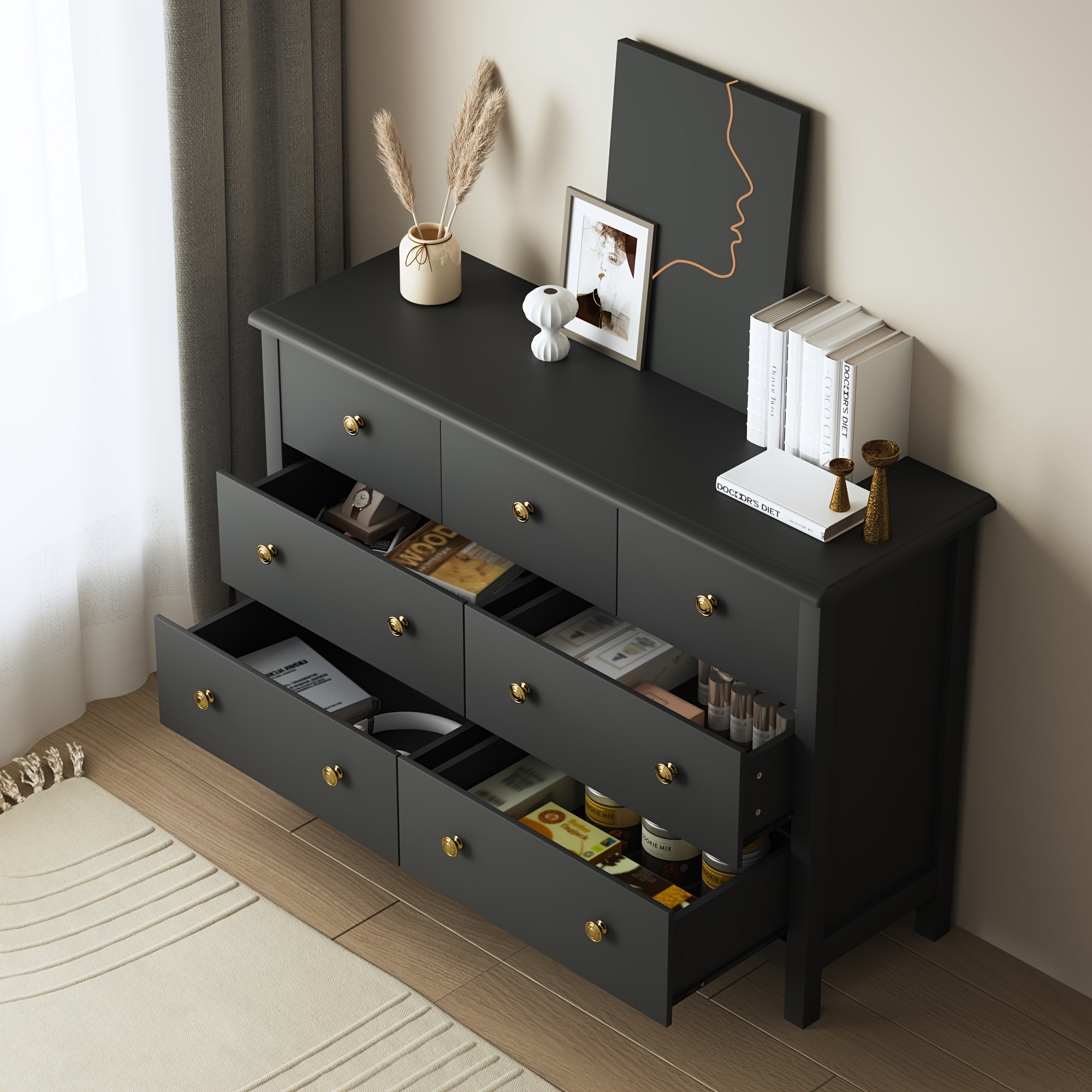 Dresser With 7 Drawers, Dresser For Bedroom, Modern Double Dresser With Wide Drawer And Metal Handles, Wood Dressers & Chests Of Drawers