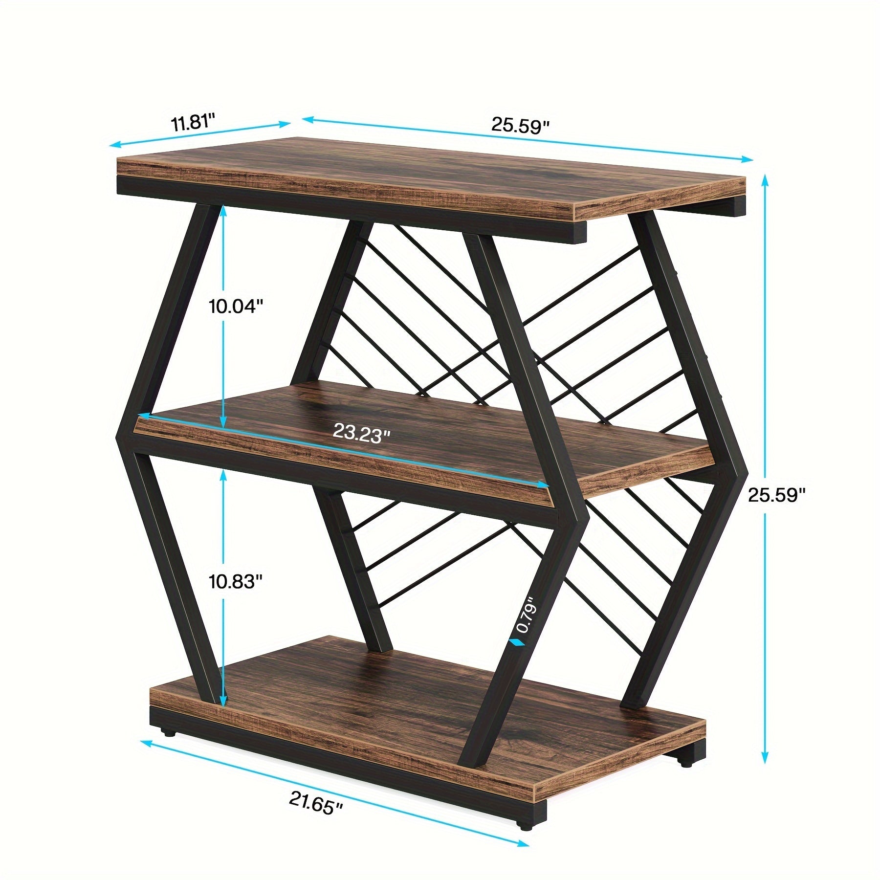 64cm Rectangular End Table, Industrial Side Table with 3-Tier Storage Shelves, Wood Sofa Side Table with Geometric Metal Frame for Living Room Bedroom, Black Brown