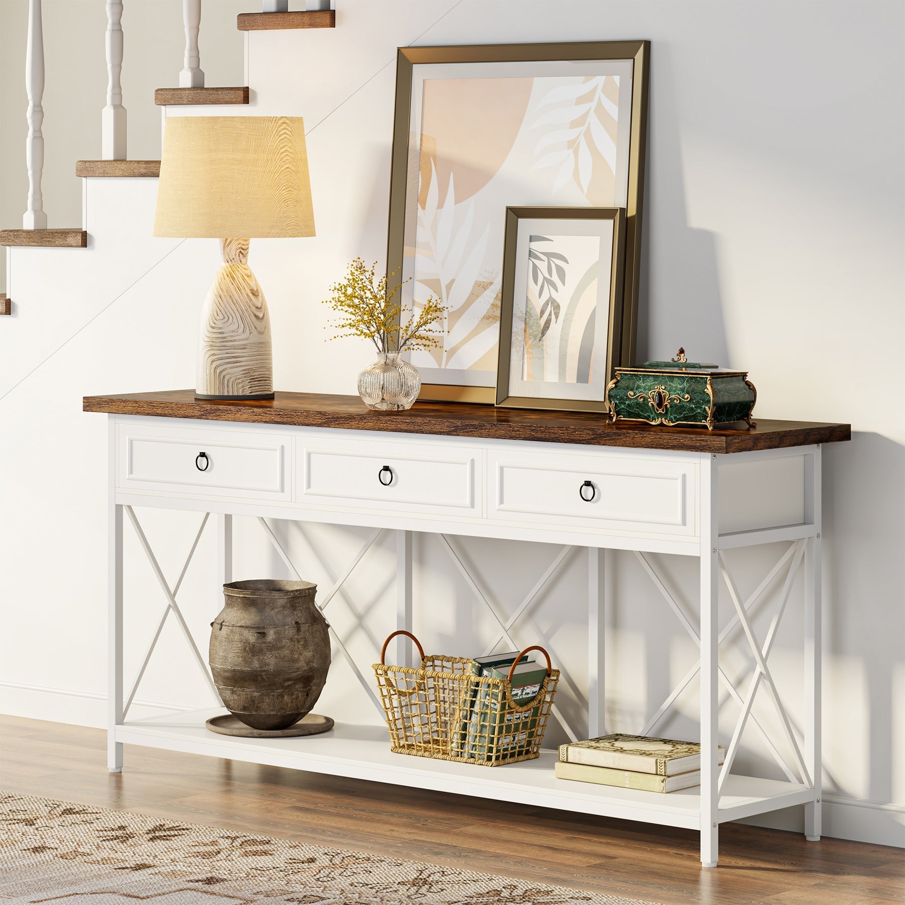 3-Drawer Console Table, 180 cm Sofa Foyer Table with Storage Shelf