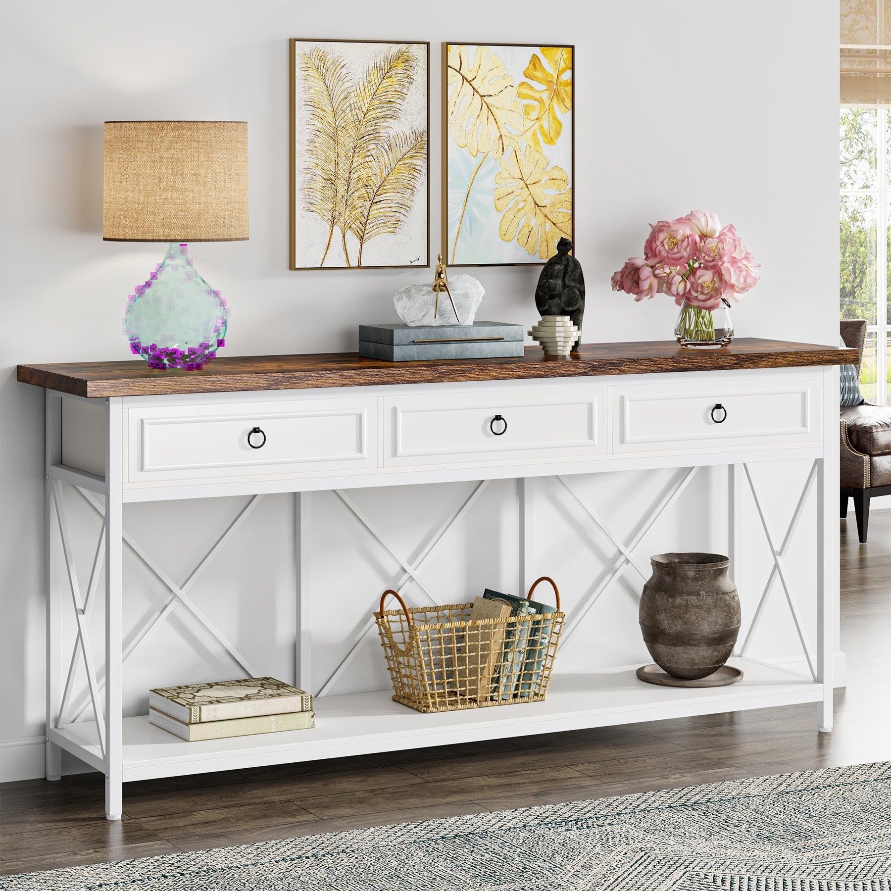 3-Drawer Console Table, 180 cm Sofa Foyer Table with Storage Shelf