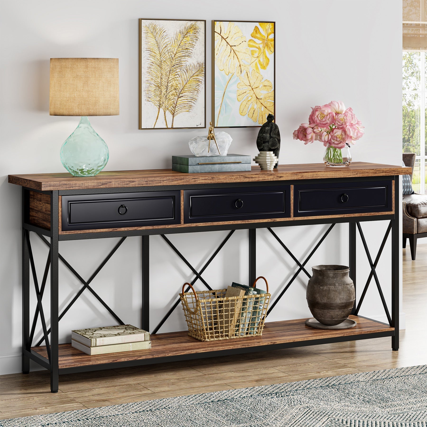 3-Drawer Console Table, 180 cm Sofa Foyer Table with Storage Shelf