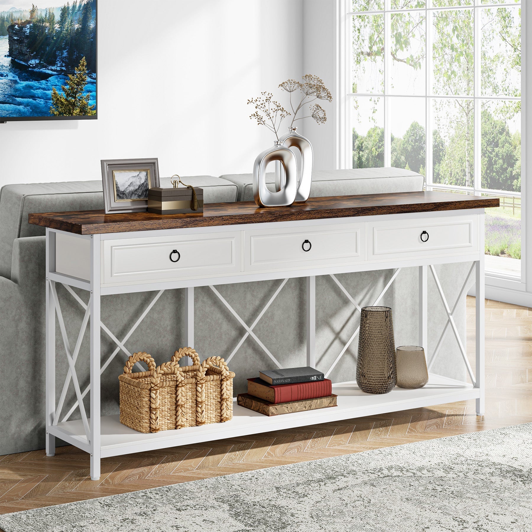 3-Drawer Console Table, 180 cm Sofa Foyer Table with Storage Shelf