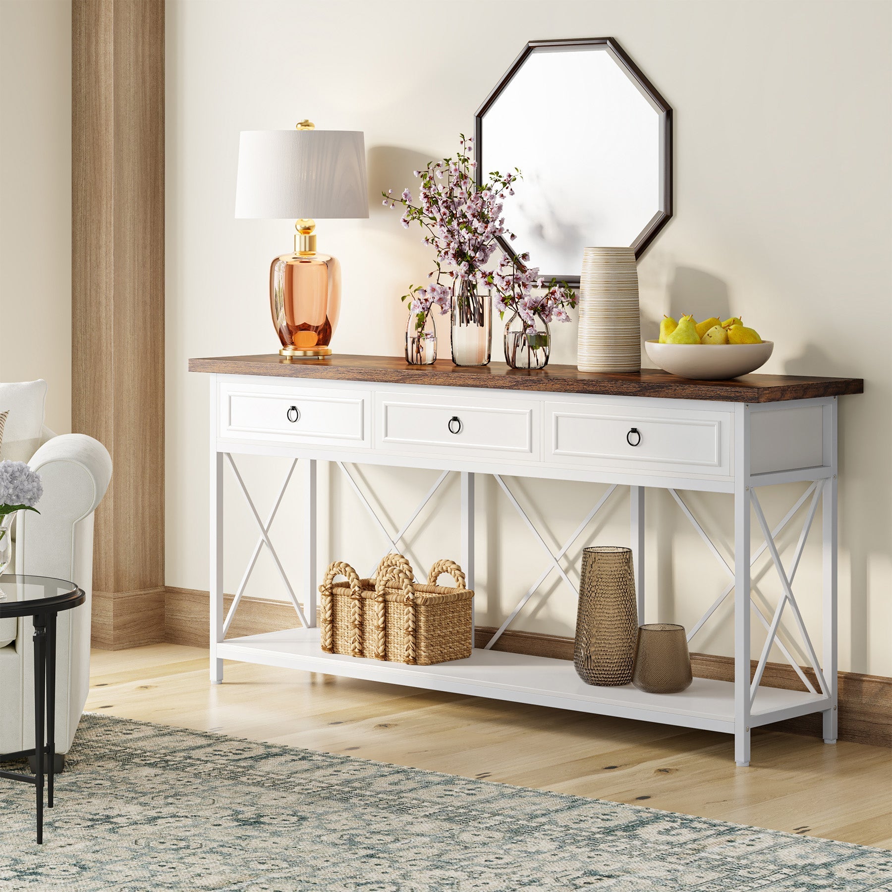 3-Drawer Console Table, 180 cm Sofa Foyer Table with Storage Shelf