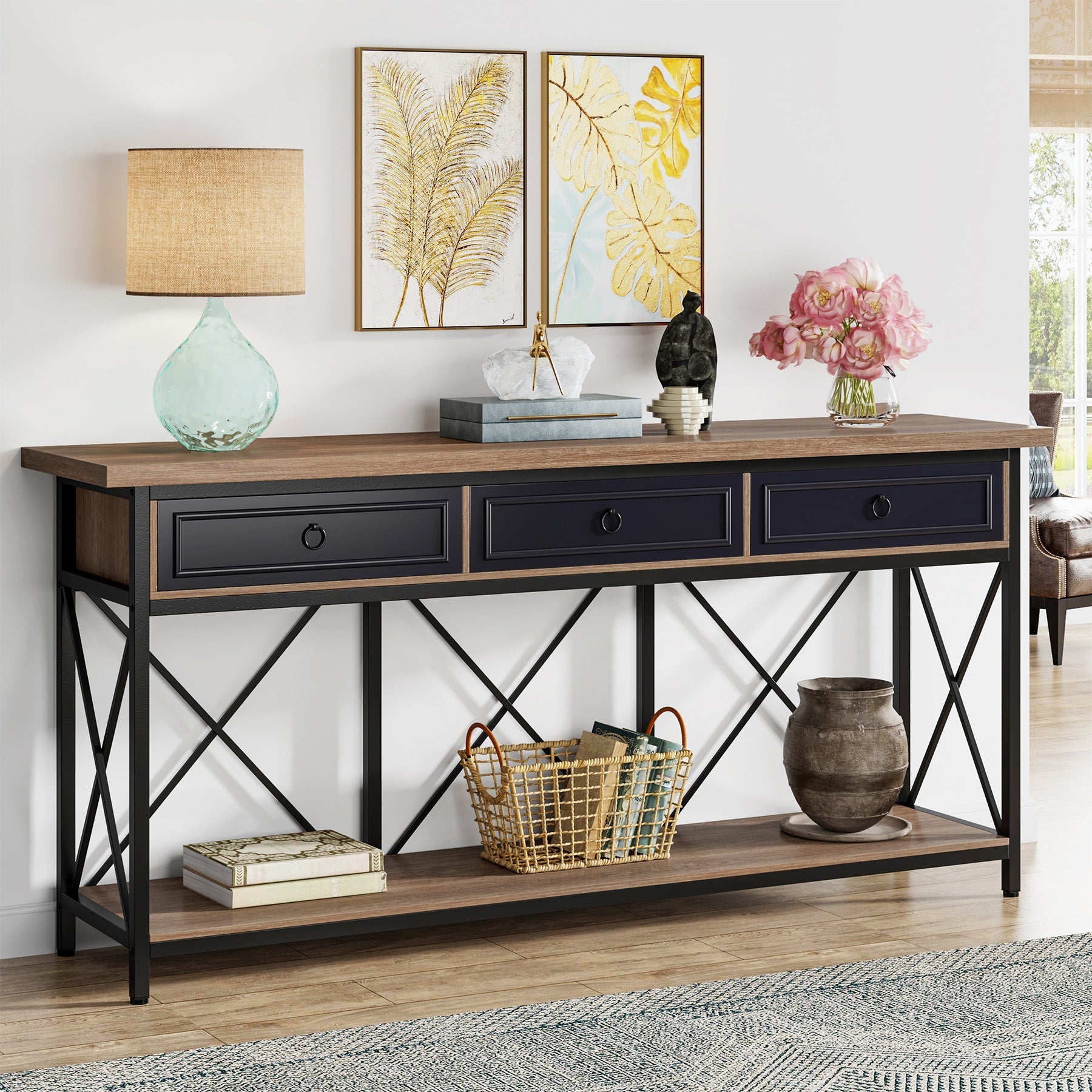 3-Drawer Console Table, 180 cm Sofa Foyer Table with Storage Shelf