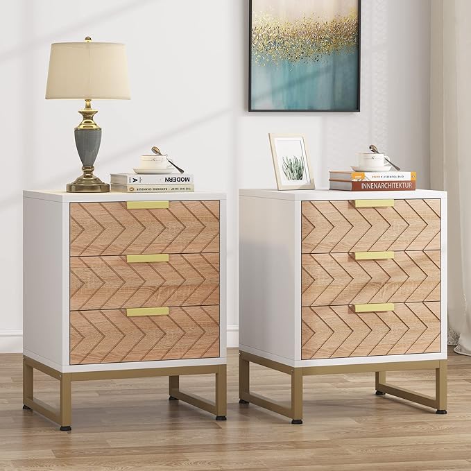 3-Drawer Nightstand, Modern Bedside End Table with Metal Frame (76.2 cm)