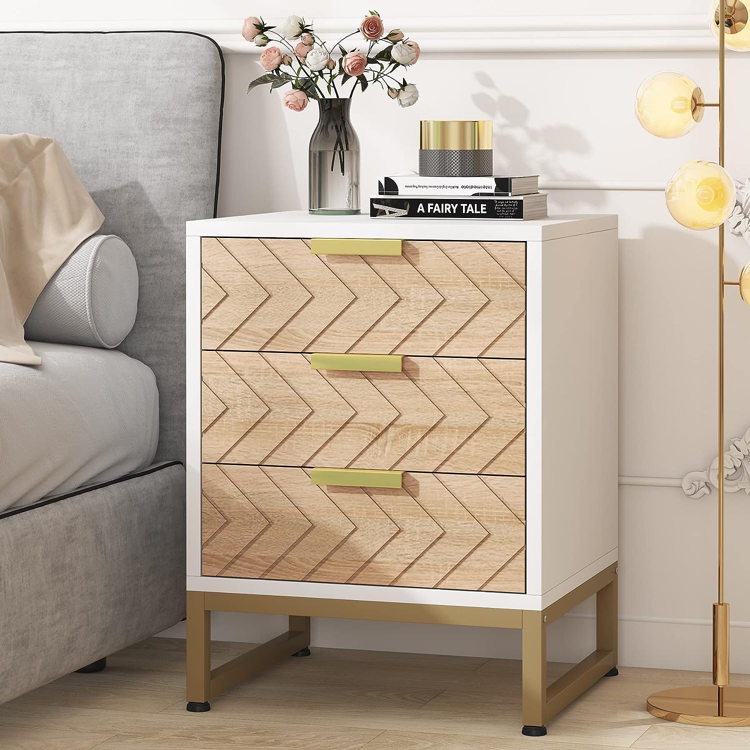 3-Drawer Nightstand, Modern Bedside End Table with Metal Frame (76.2 cm)