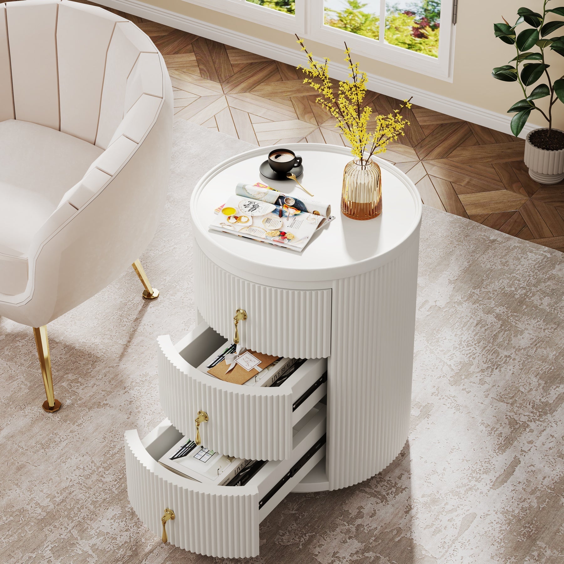 3 Drawers Nightstand, Modern Round Side End Table with Storage