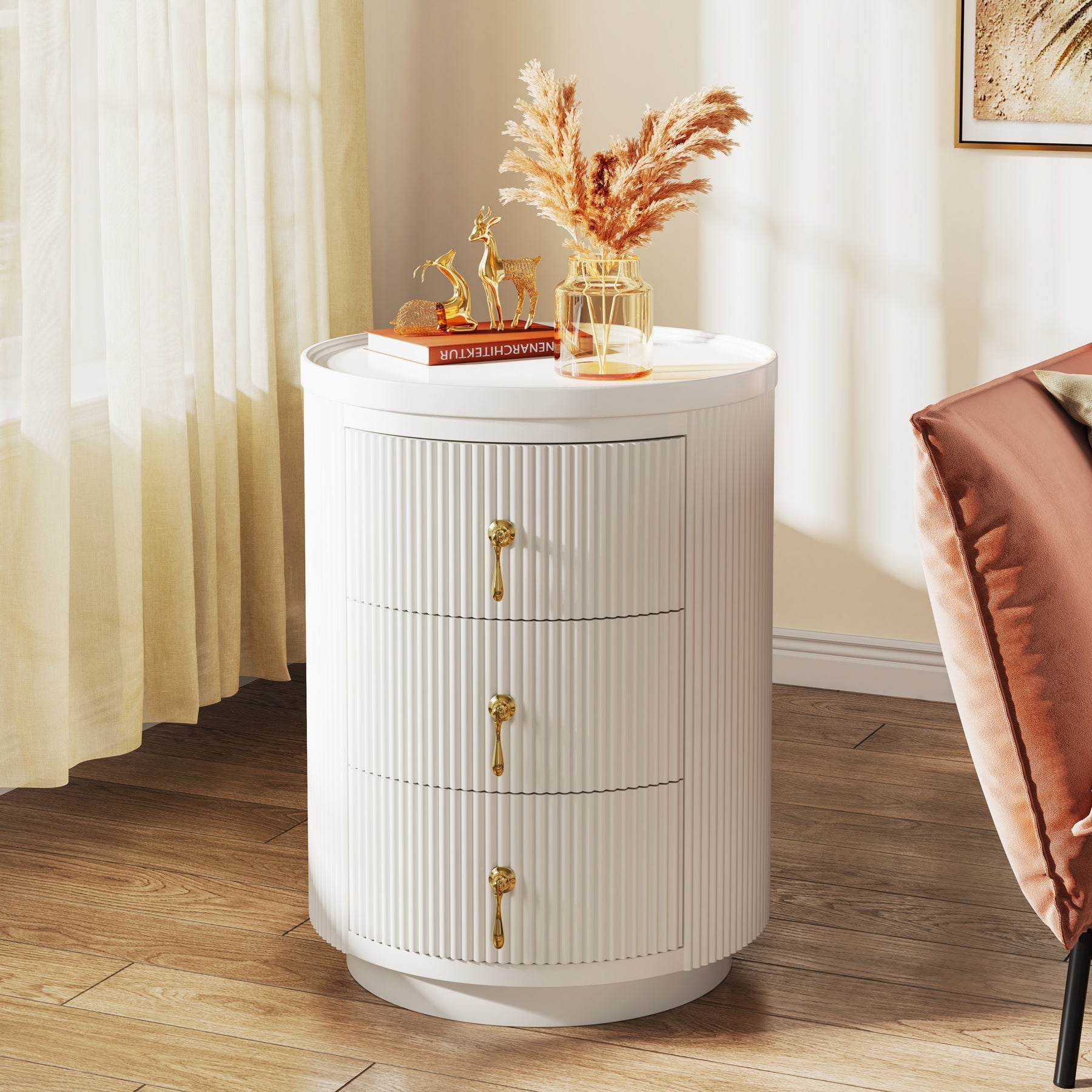 3-Drawer Nightstand, Modern Round Side End Table with Storage (cm)